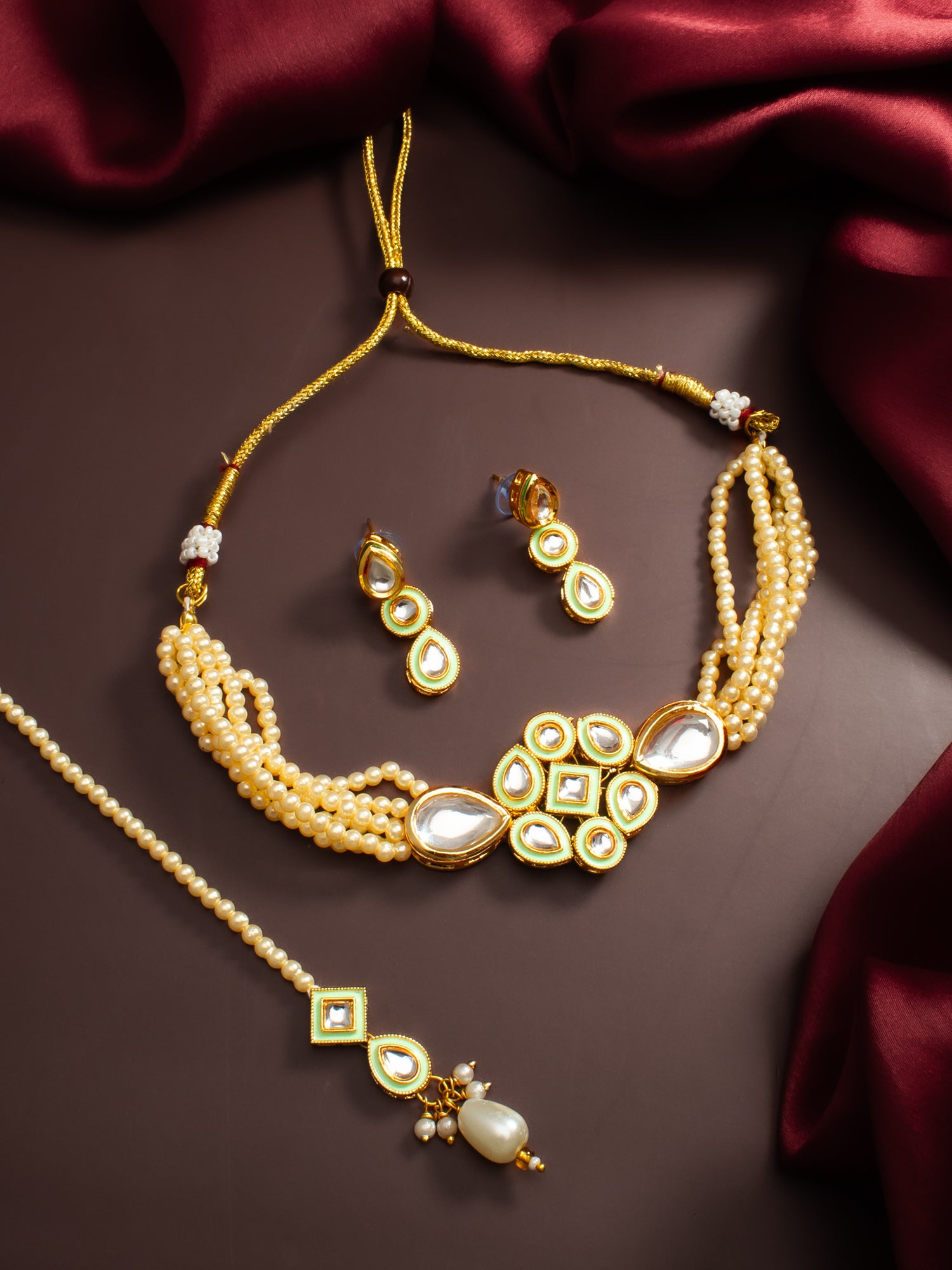 Pearl Choker Kundan Necklace Set with Maang Tikka for Women – View 5 | Aadita Jewelry