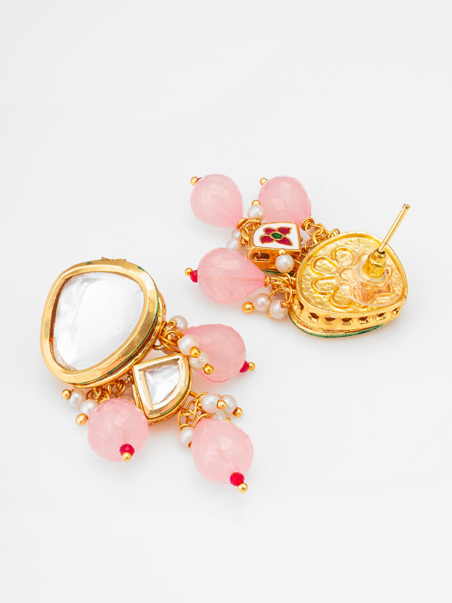Pink Kundan Necklace Set with Beaded Drops – View 3 | Aadita Jewelry