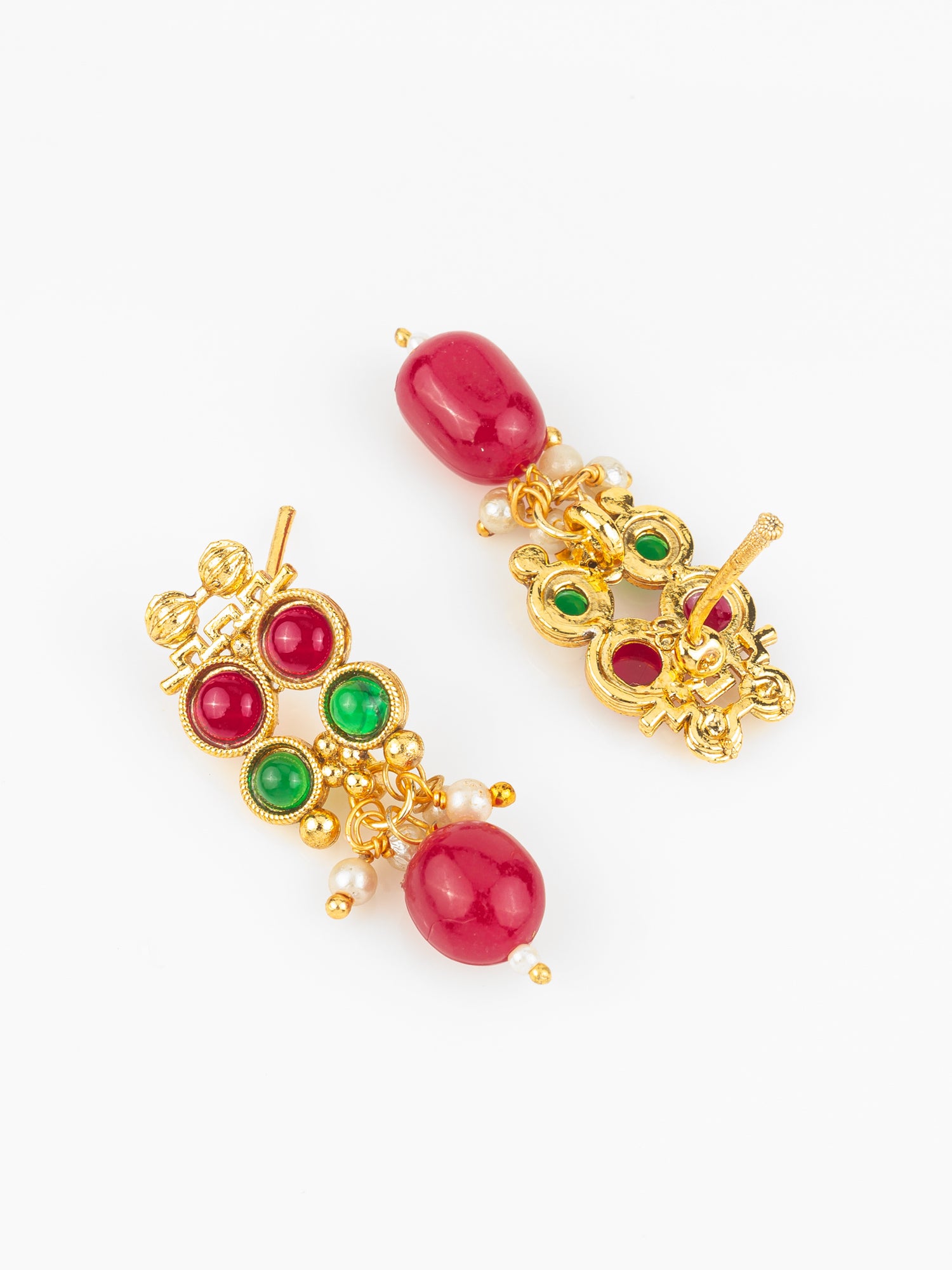 Gold Plated Dual-Tone Red & Green Stone Traditional Necklace Set for Women – View 3 | Aadita Jewelry