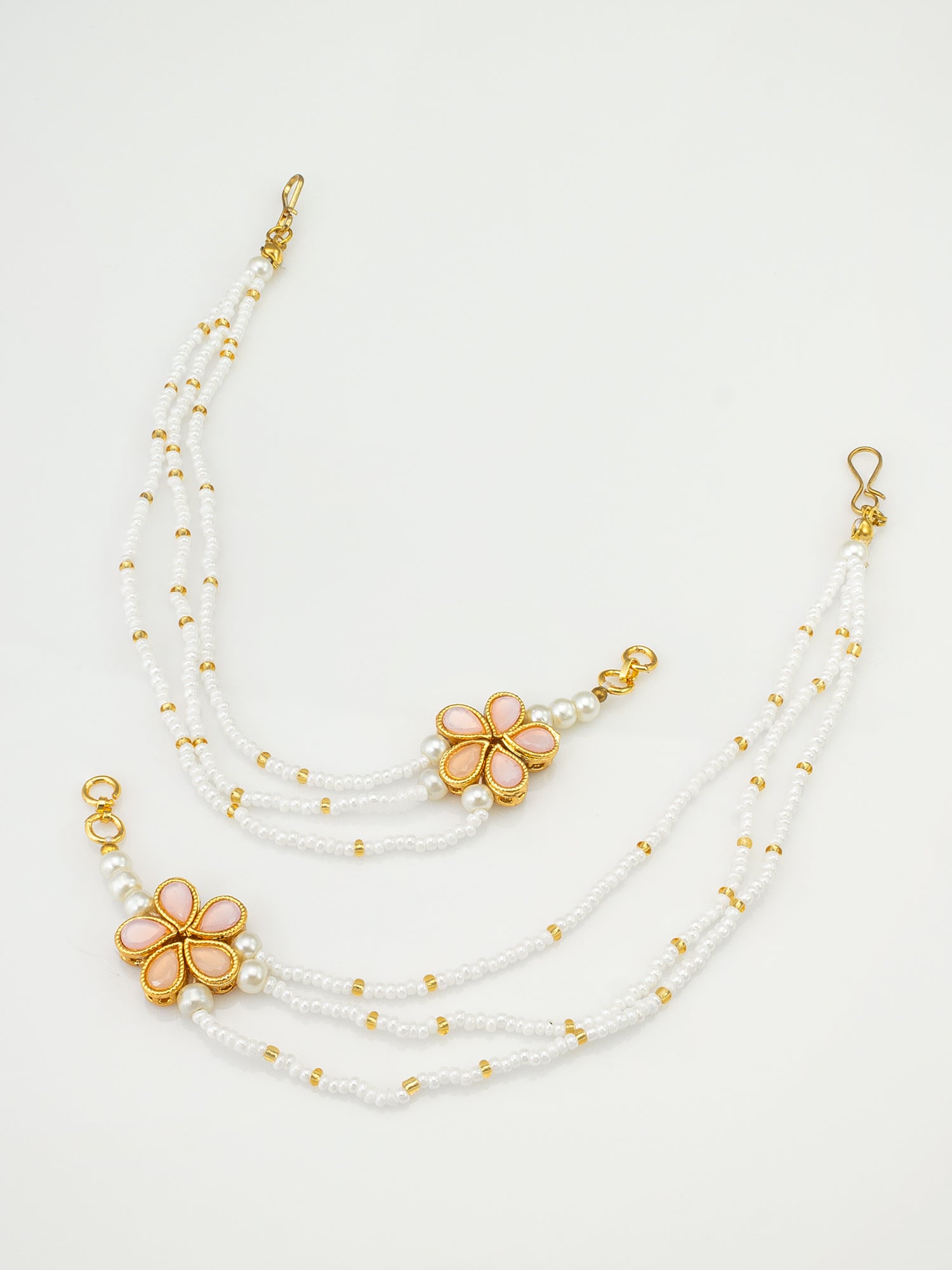 Gold-Tone Floral Kundan Ear Chain with Multi-Strand Pearl and Gold Bead Detailing | Aadita Jewelry