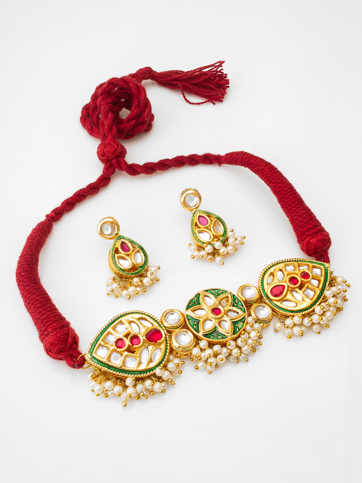 Meenakari Kundan Choker Necklace Set with Pearl Drops | Aadita Jewelry