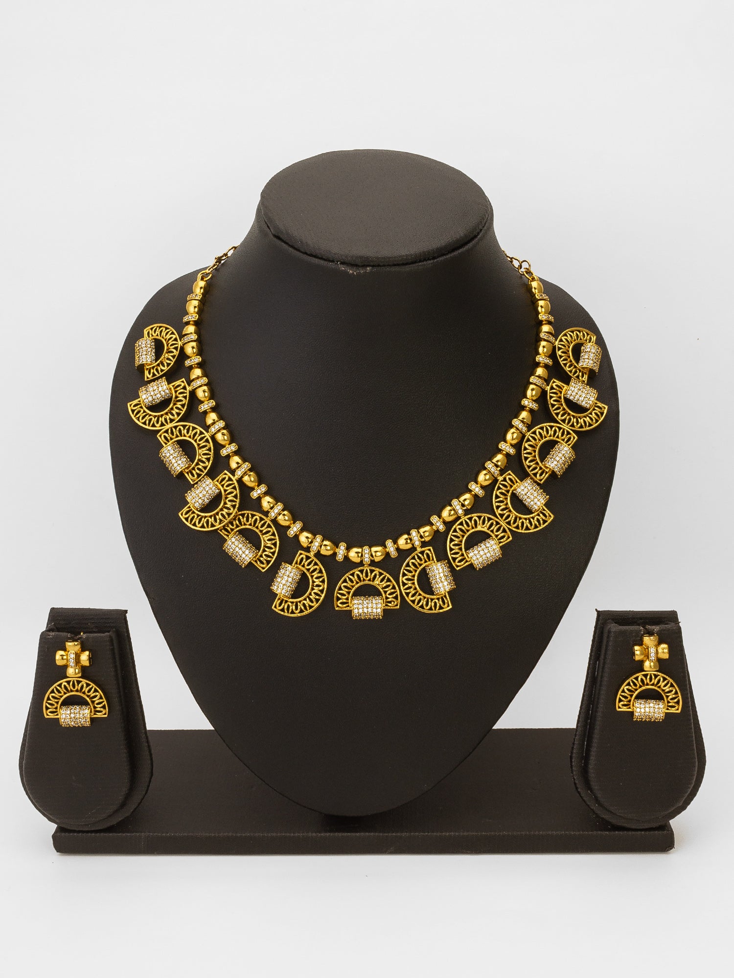 Gold-Plated AD Stone Half-Moon Arch Necklace Set with Geometric Stud Earrings – View 4 | Aadita Jewelry