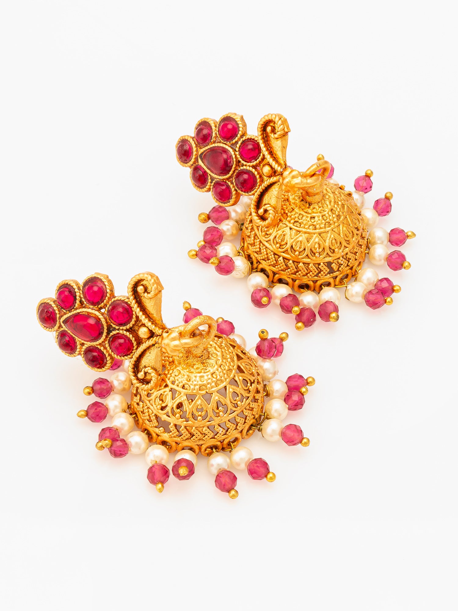 Aadita Classic Gold Plated Pink Stone Mini Jhumka Earrings – View 2 | Aadita Jewelry