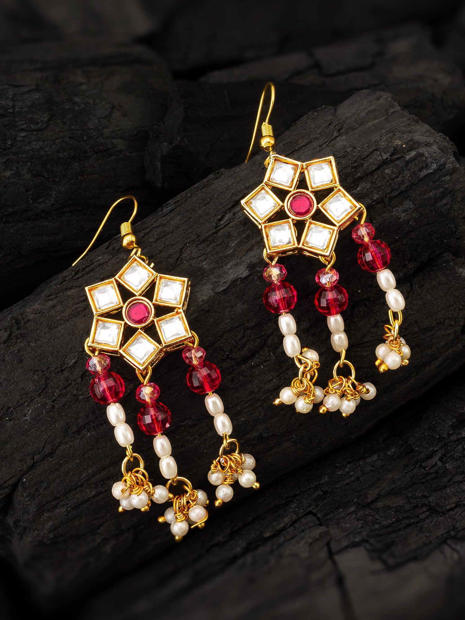 Ruby Red Hexagonal Kundan Chandelier Earrings – View 5 | Aadita Jewelry