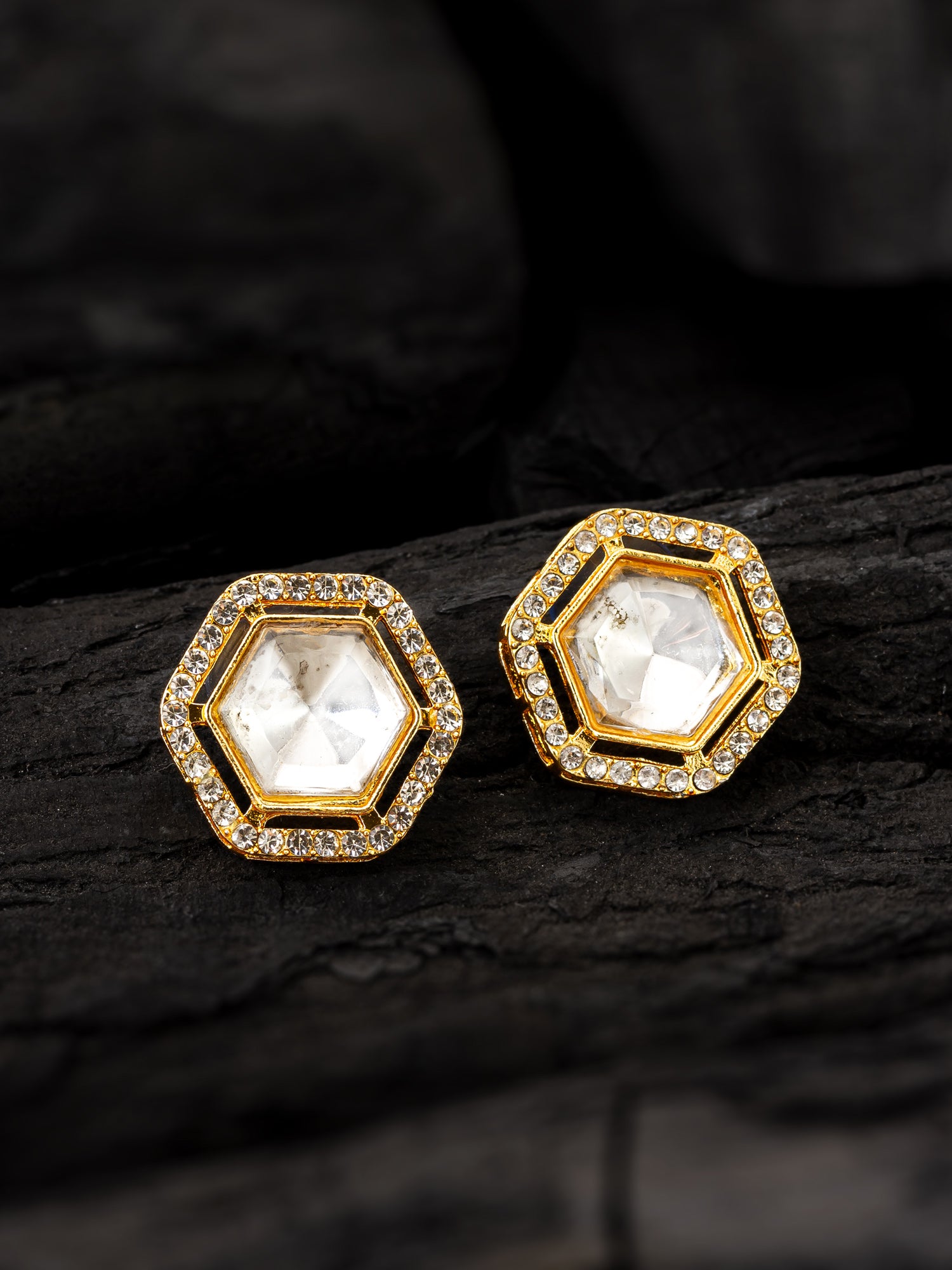 Hexagonal Crystal Stud Earrings with Clear Stones – View 5 | Aadita Jewelry