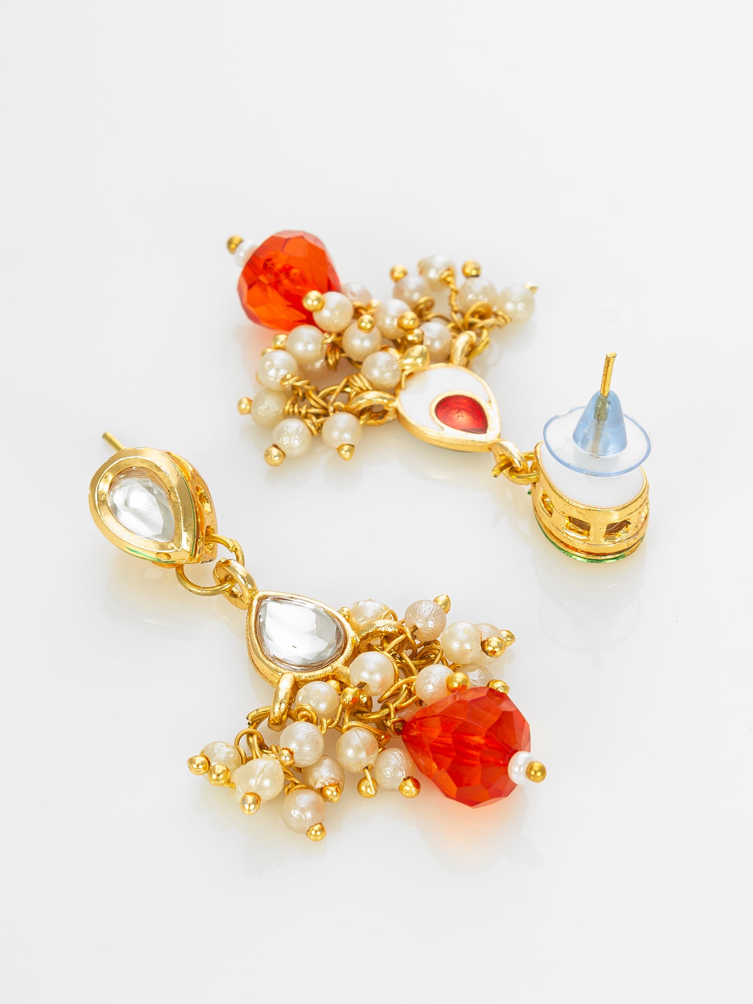 Gold Plated Multistrand Beaded Necklace Set with Kundan and Red Drop Stones – View 3 | Aadita Jewelry