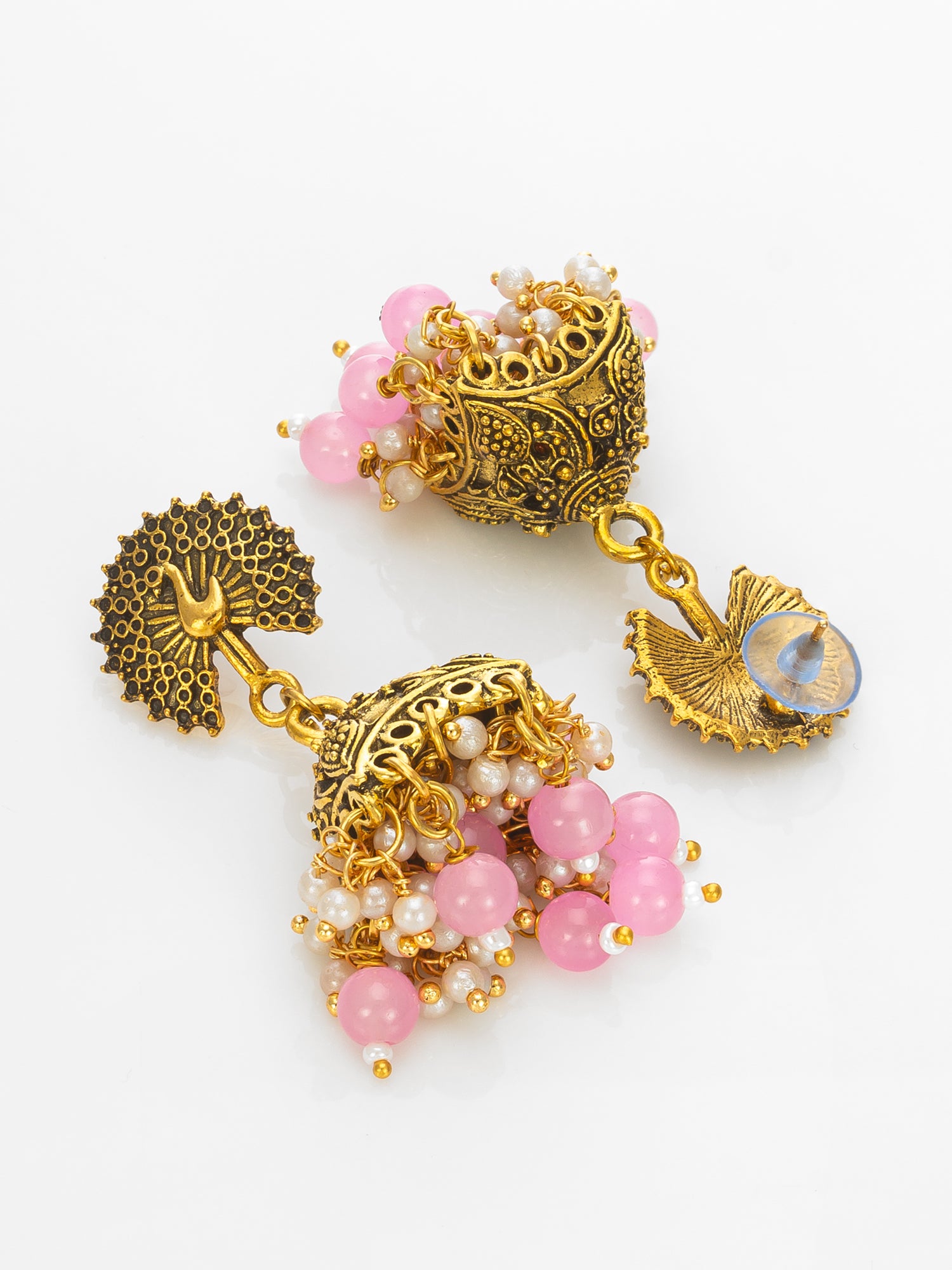 Peacock Motif Pink Beaded Gold Plated Jhumka Earrings – View 2 | Aadita Jewelry