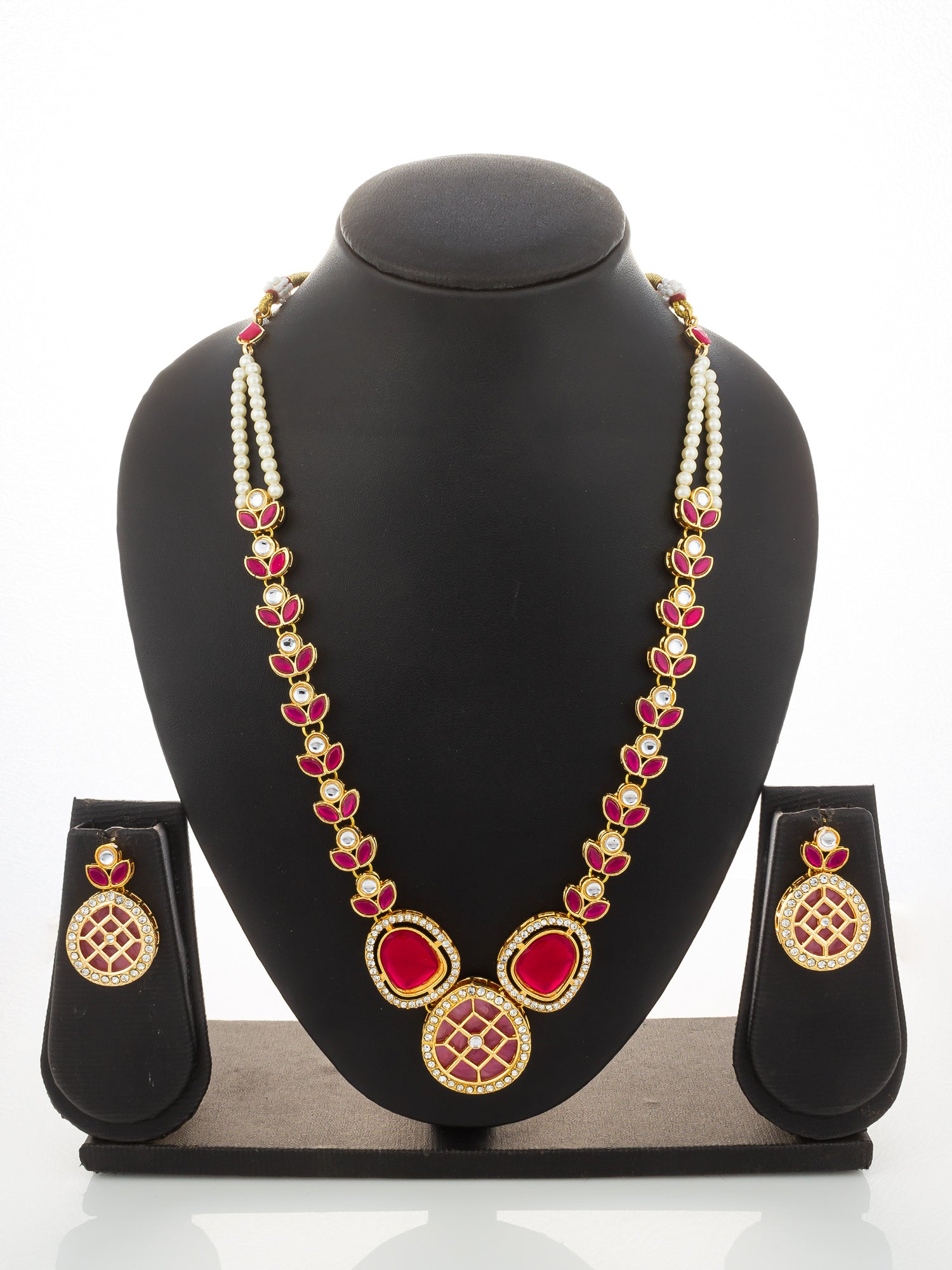 Aadita Gold-Plated Kundan Necklace Set with Ruby Red Stones and Pearl Strand – View 5 | Aadita Jewelry