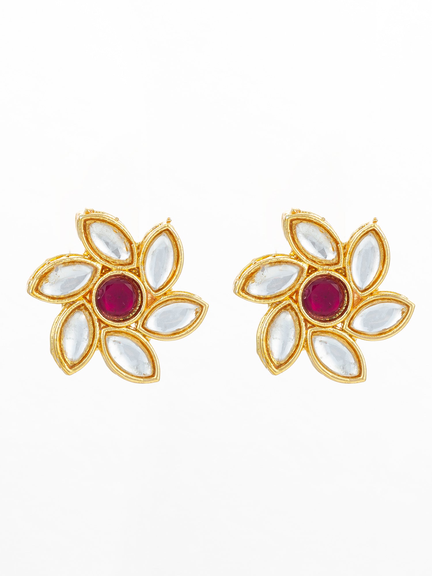 Vibrant Gold Plated White and Pink Kundan Floral Studs | Aadita Jewelry