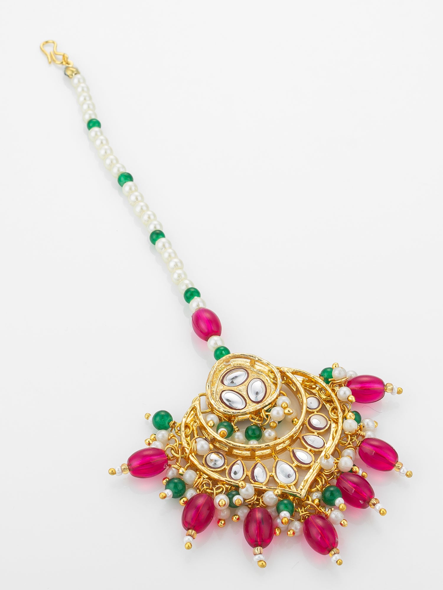 Aadita Gold Plated Kundan Maang Tikka with Pink and Green Beads – View 4 | Aadita Jewelry