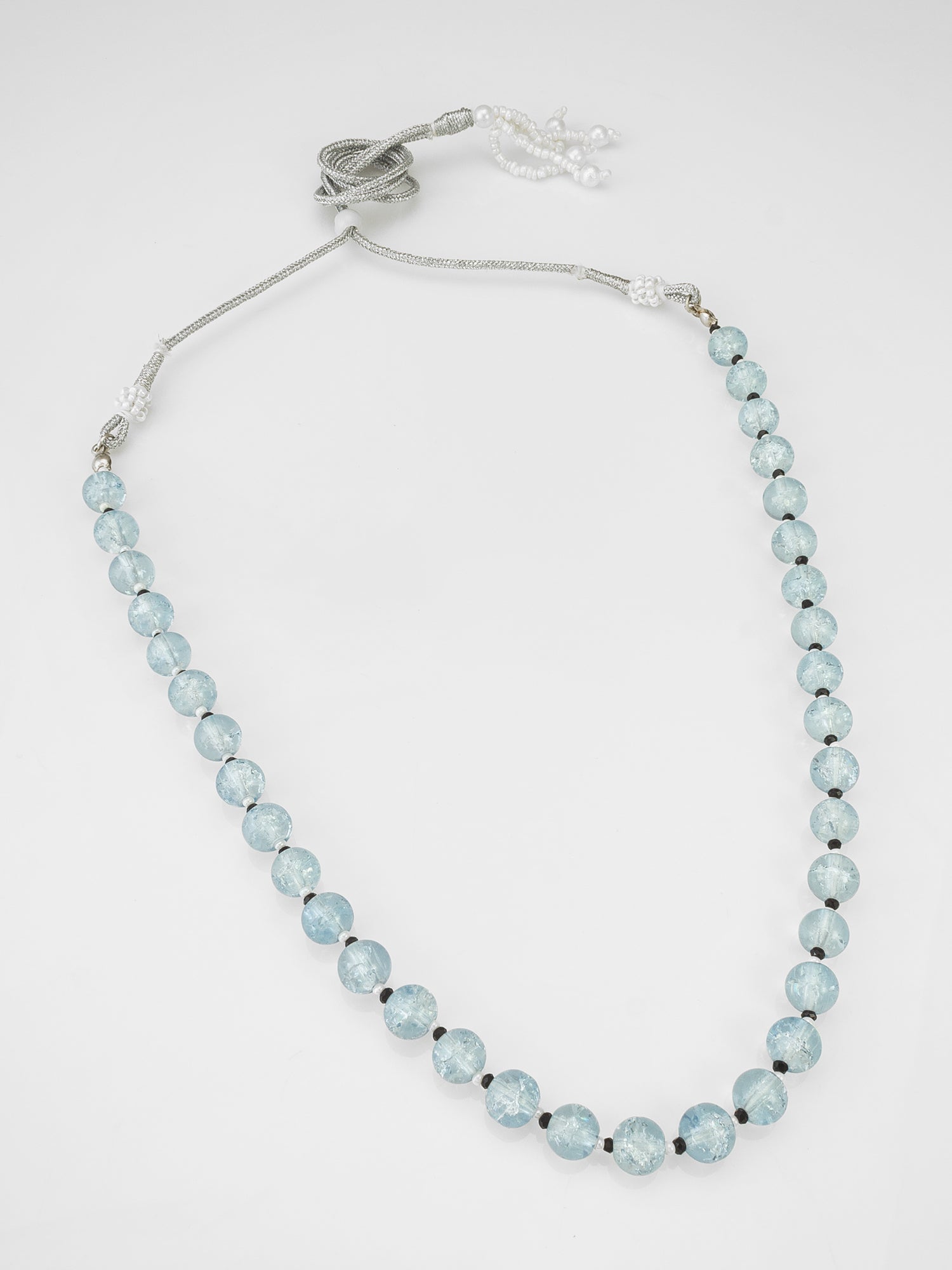 Light Blue Crackle Glass Bead Necklace with Silver Dori and Pearl | Aadita Jewelry