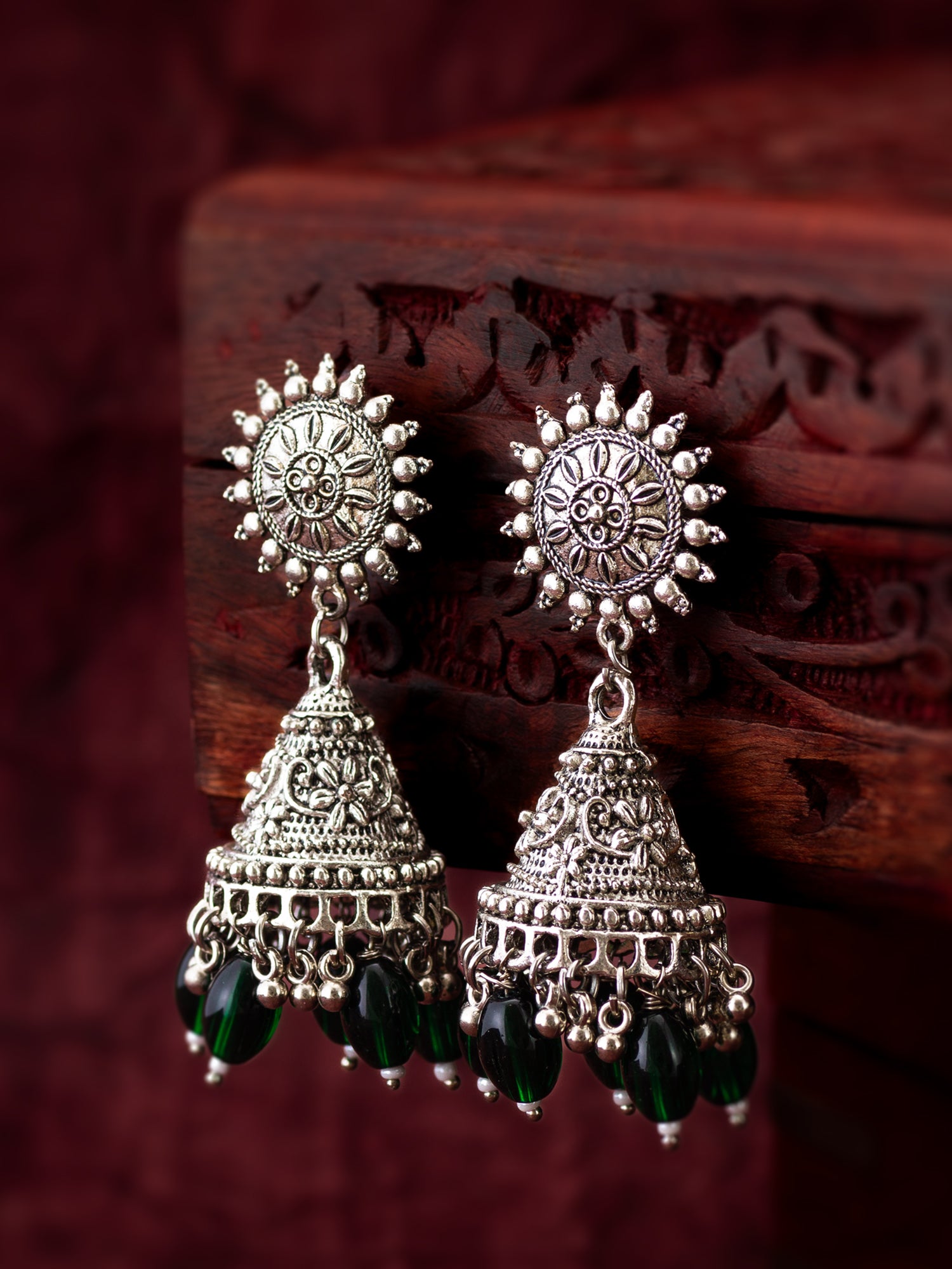 Oxidized Silver Jhumka Earrings with Beads – View 4 | Aadita Jewelry