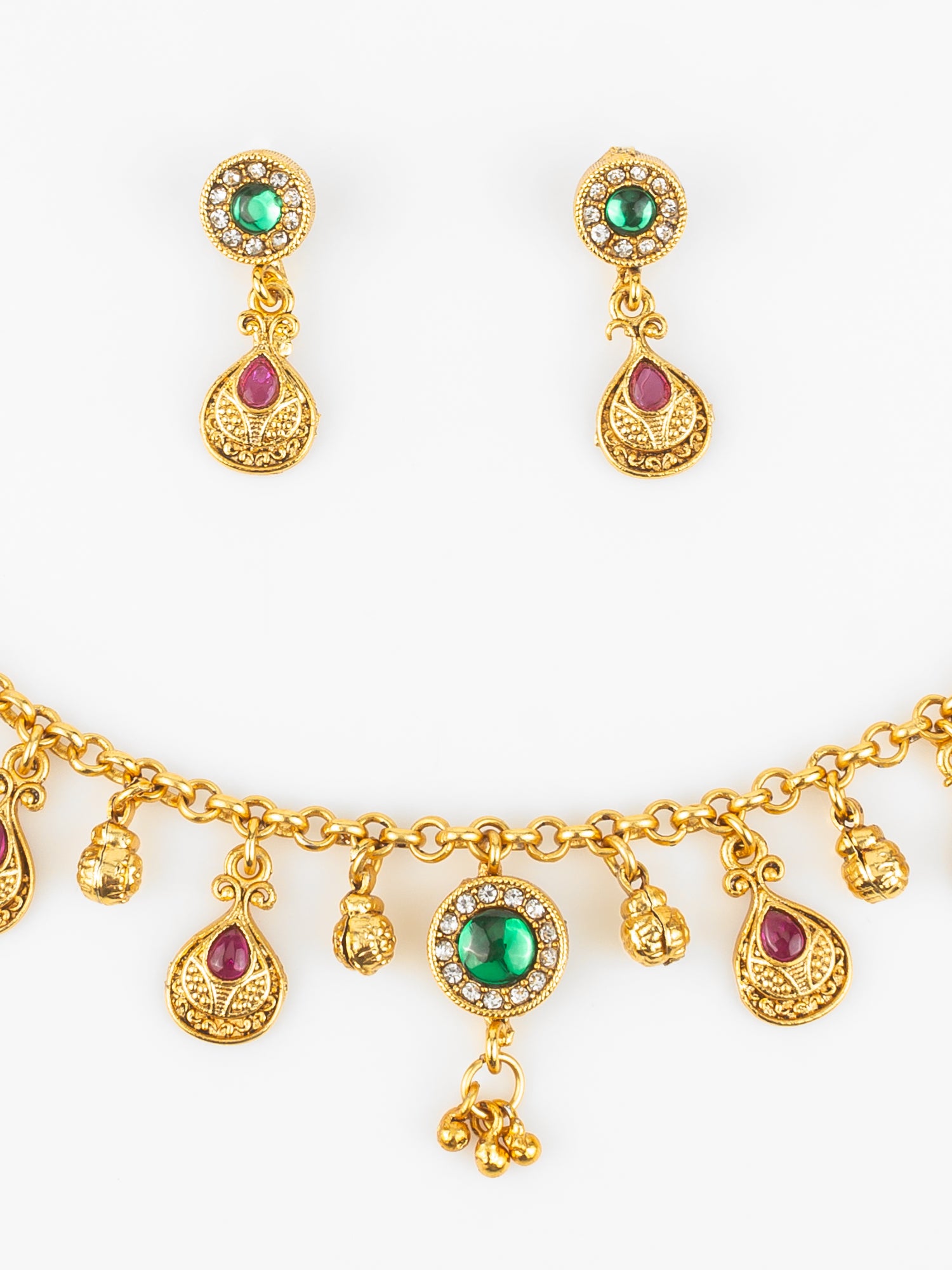 Gold-Plated Traditional Necklace Set for Women | Pink Teardrop & Green Stone Pendant | Bridal & Ethnic Festival Jewellery – View 4 | Aadita Jewelry