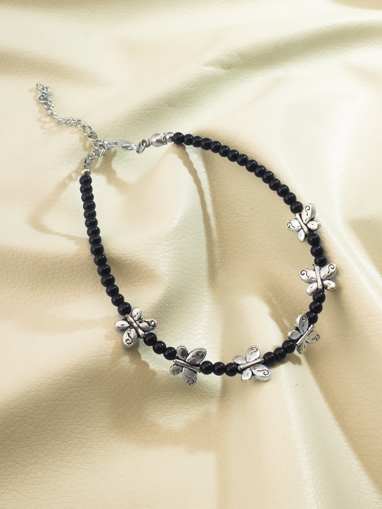 Black Bead Oxidized Butterfly Charm Beaded Anklet – View 4 | Aadita Jewelry