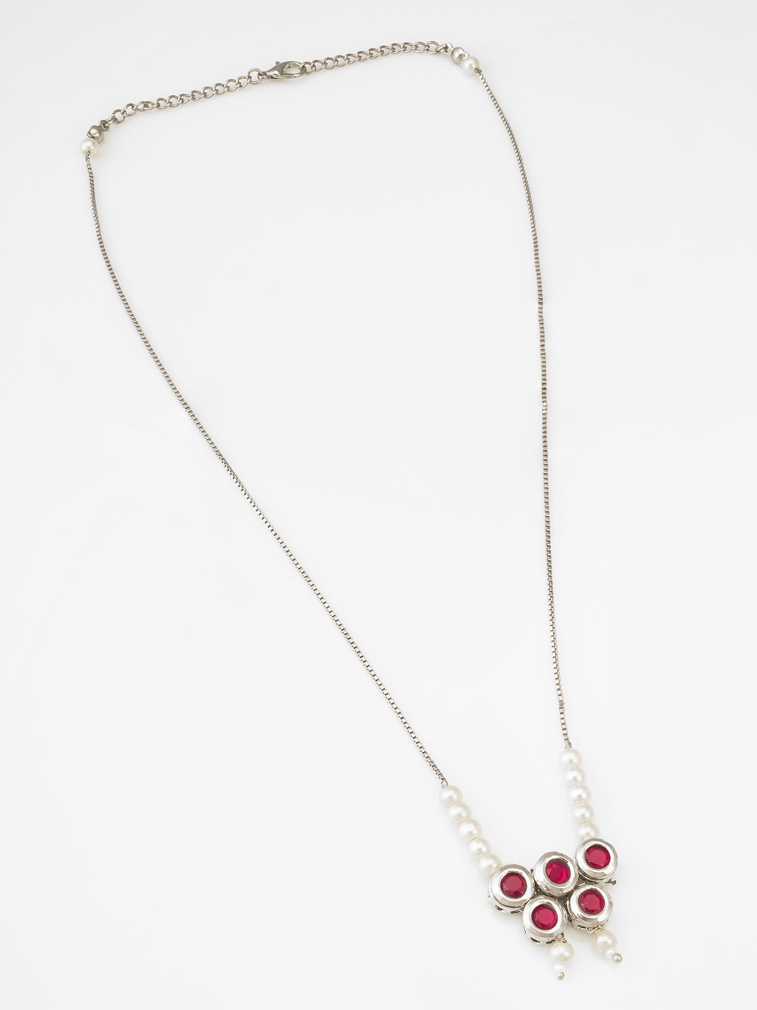 Red Stone Cluster Pendant Necklace with Pearl Chain | Aadita Jewelry