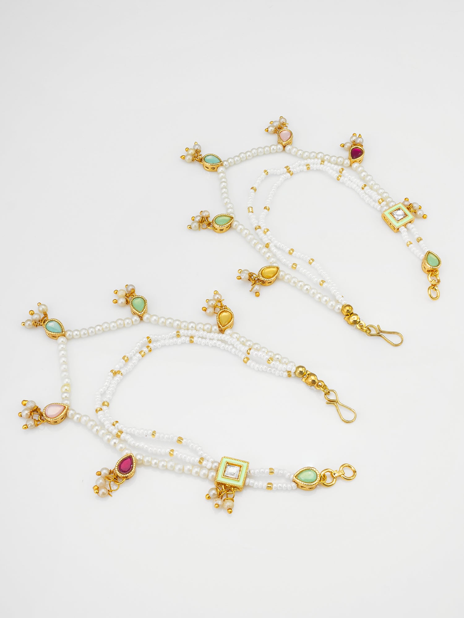 Pearl Seed Bead Ear Chain with Multicolor Kundan Teardrop and Square Pendants – View 3 | Aadita Jewelry