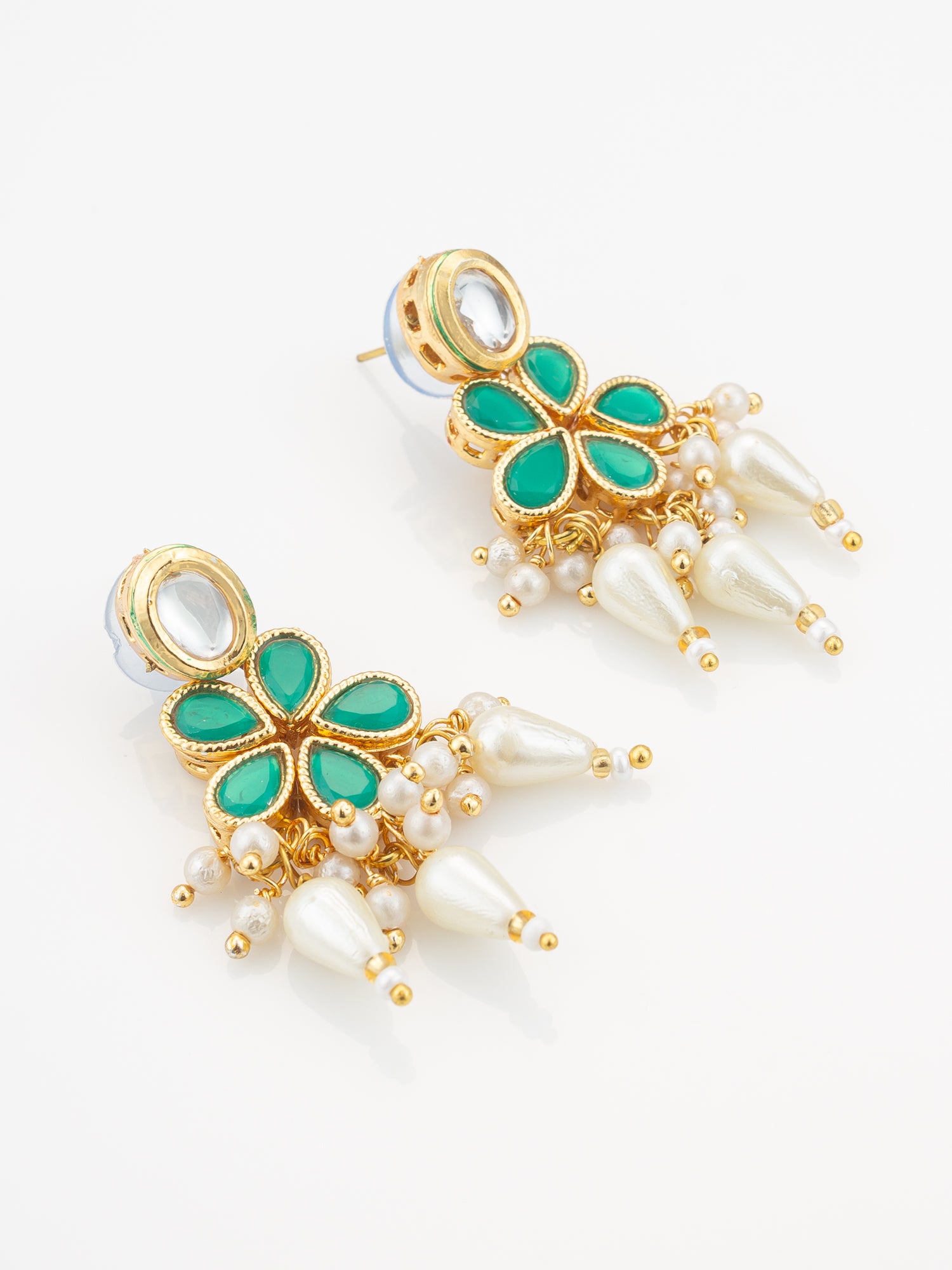 Gold Plated White & Green Kundan Pearl Traditional Necklace Set for Women – View 2 | Aadita Jewelry