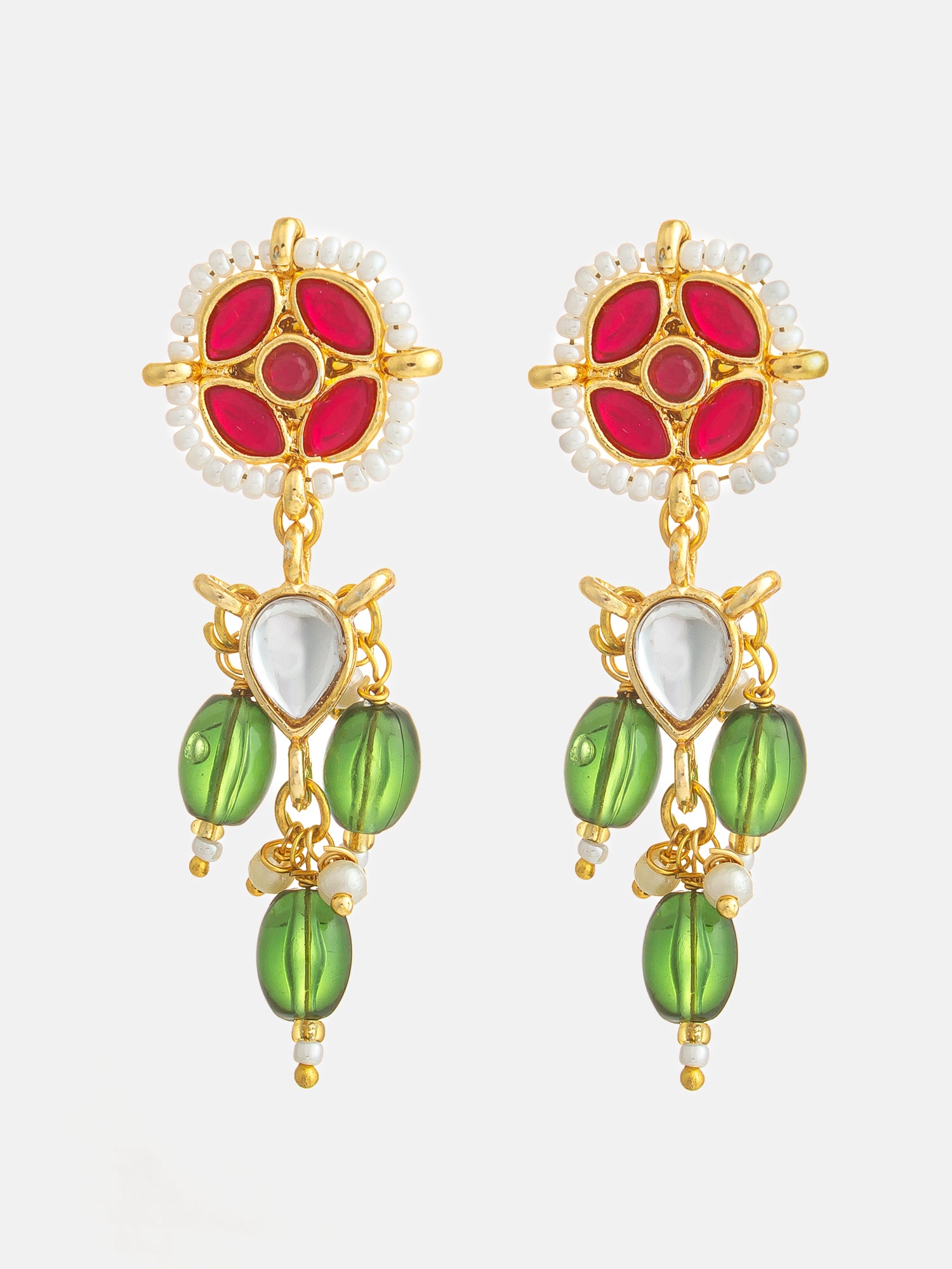 Aadita Red Green Kundan Drop Earrings | Aadita Jewelry