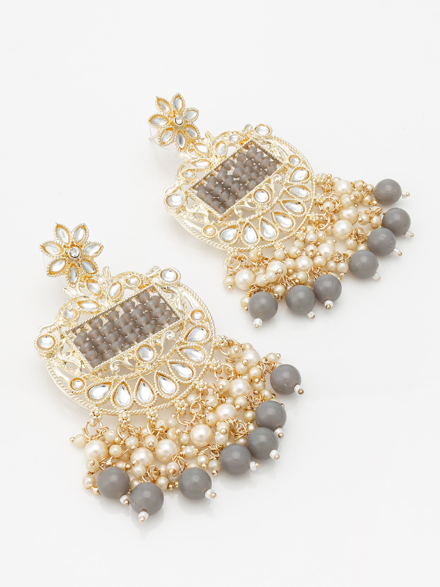 Aadita Gold Plated Grey Beaded Chandelier Earrings – View 2 | Aadita Jewelry