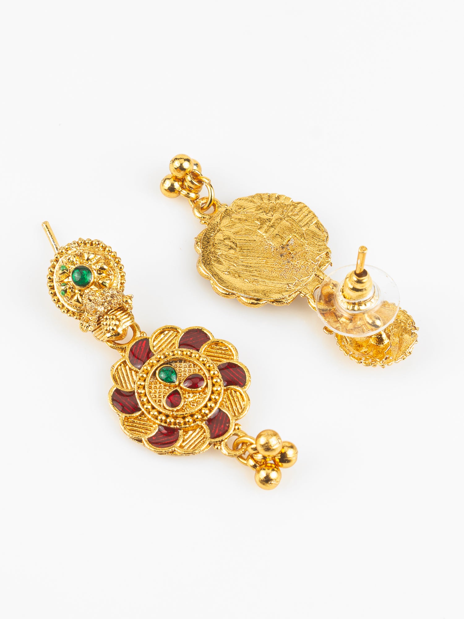 Gold Plated Traditional South Indian Long Necklace Set with Kemp Stones for Women – View 3 | Aadita Jewelry
