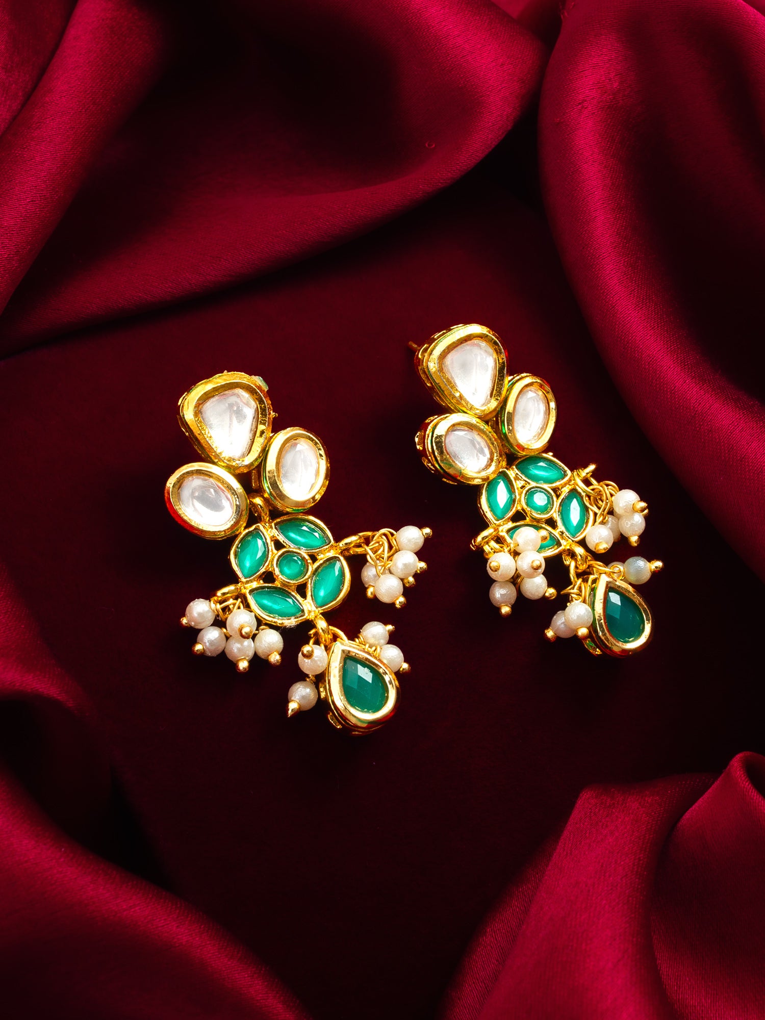 Emerald Green Kundan and Pearl Drop Earrings – View 4 | Aadita Jewelry