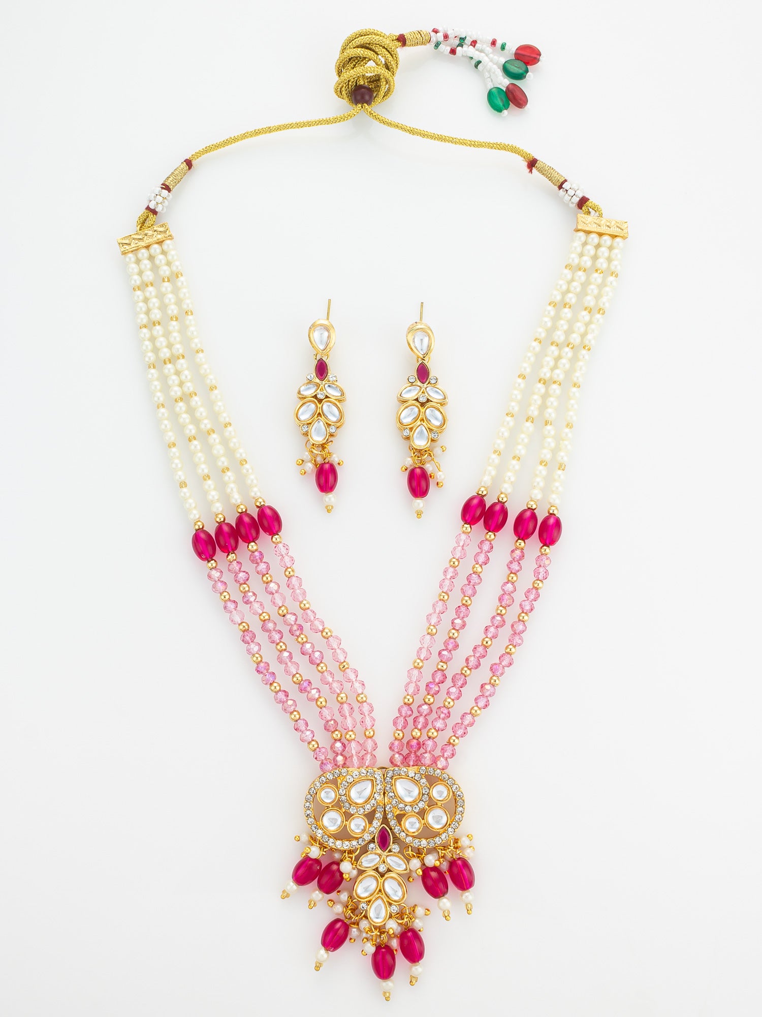 Gold Plated Pearl and Pink Crystal Bead Long Necklace Set | Aadita Jewelry