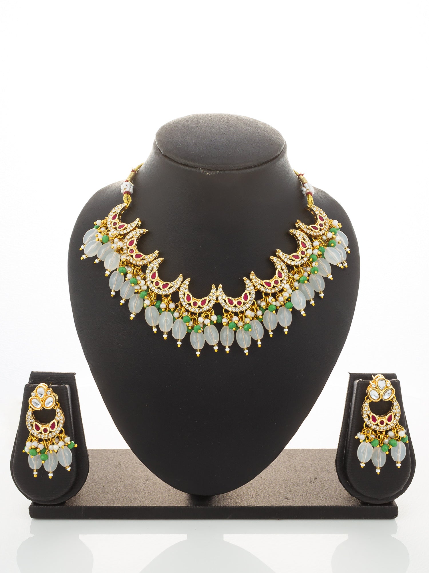 Aadita Gold Plated Kundan Necklace Set with Green Beads and White Drop with Chandbali Earrings – View 5 | Aadita Jewelry