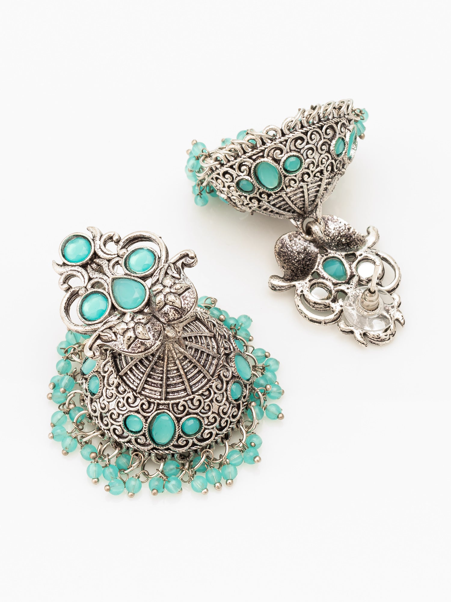 Aadita Silver Plated Stone Oxidized Jhumka Earrings – View 3 | Aadita Jewelry