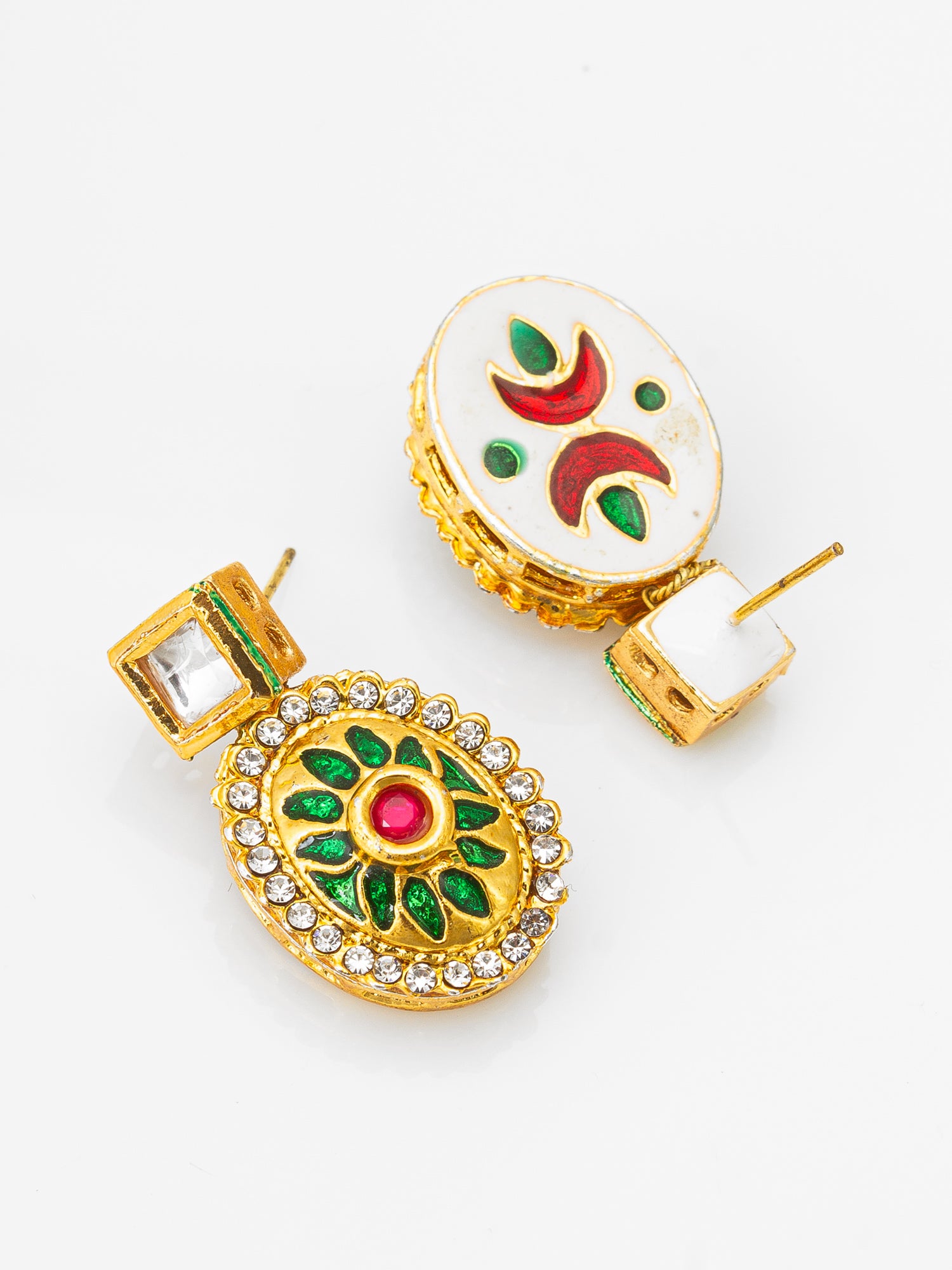 Gold-Plated Square Stud Earrings with Meenakari Drop and Crystal – View 2 | Aadita Jewelry