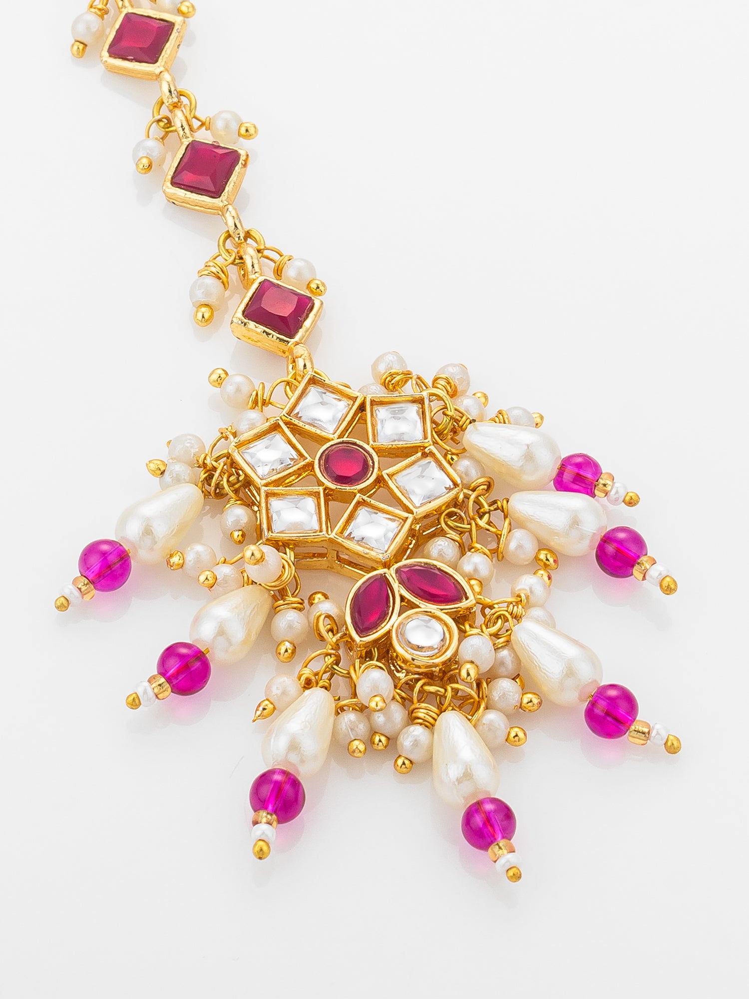 Aadita Gold Plated Diamond-Cut Ruby Stone Chain Mangtika with Kundan Star Pendant and Pearl Drops – View 3 | Aadita Jewelry