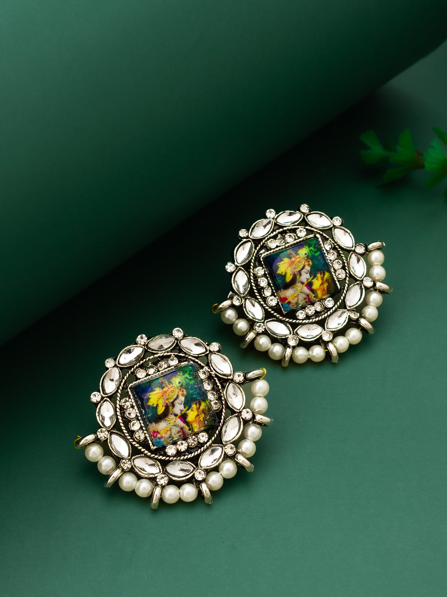 Silver Toned Radha Krishna Temple Work Kundan Stud Earrings – View 4 | Aadita Jewelry