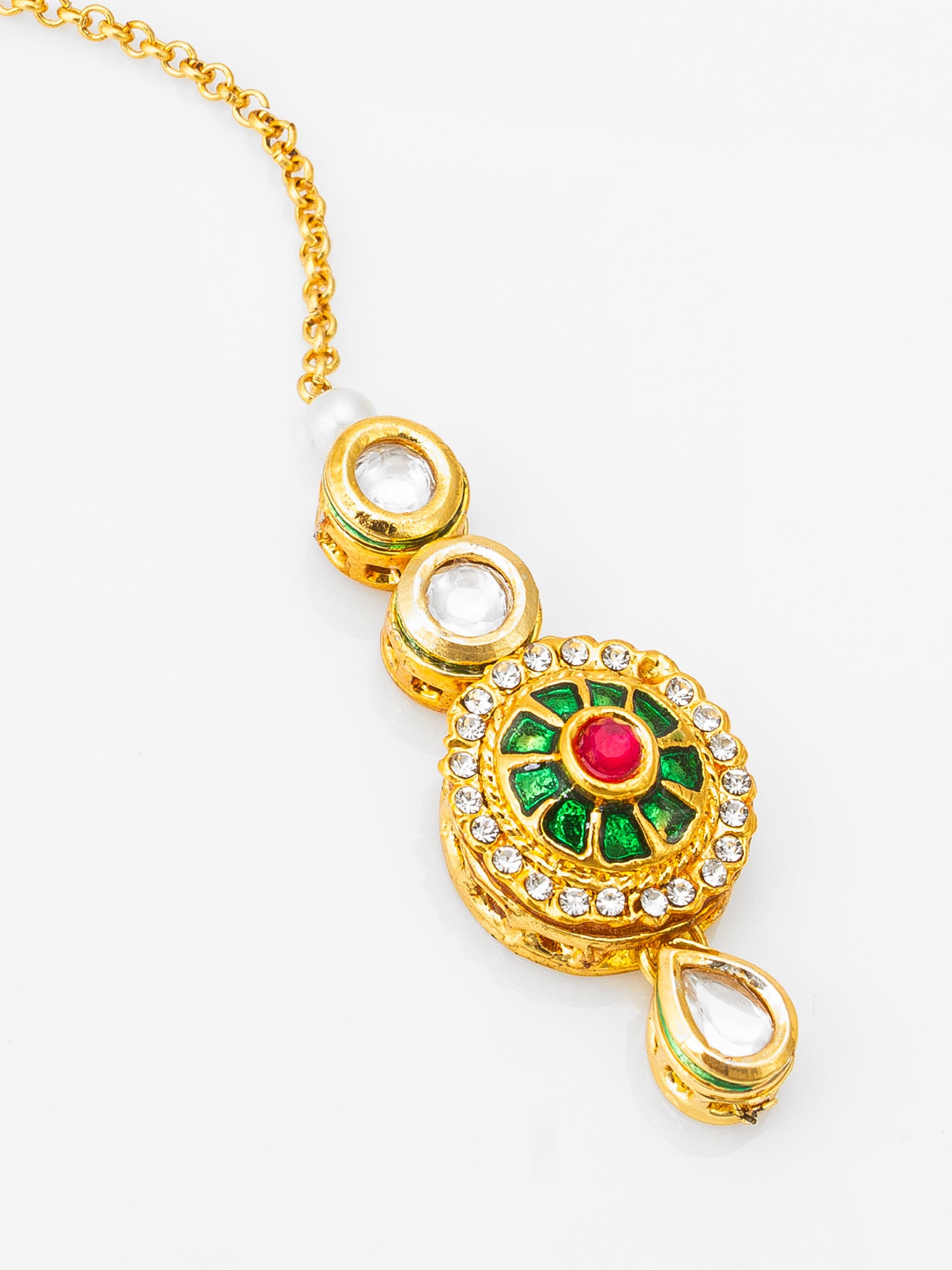 Gold-Tone Kundan Meenakari Maang Tikka with Crystal – View 3 | Aadita Jewelry