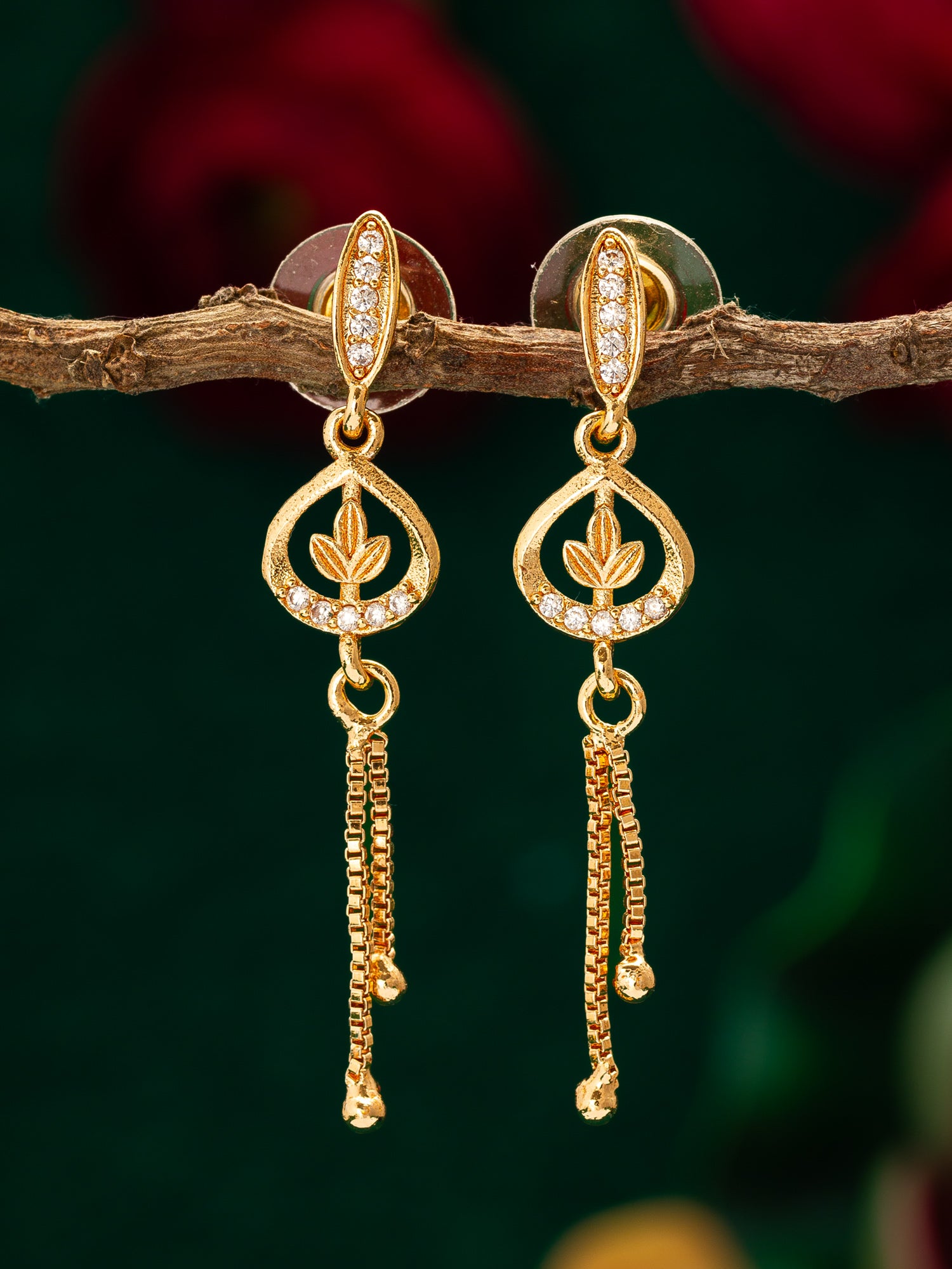 Gold-Plated AD Stone Drop Earrings with Chain – View 4 | Aadita Jewelry