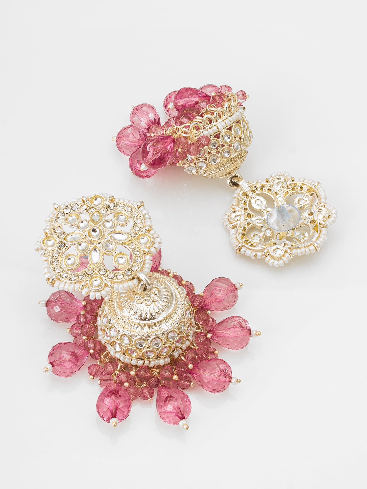 Kundan Pink Beaded Jhumka Earrings – View 2 | Aadita Jewelry