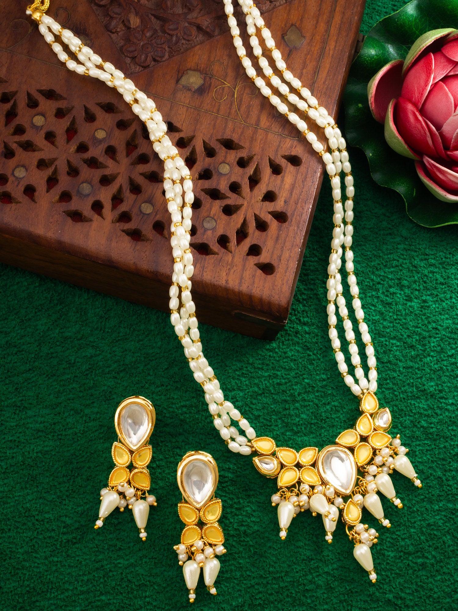 Gold Plated Kundan & Pearl Layered White Necklace Set with Earrings – View 5 | Aadita Jewelry