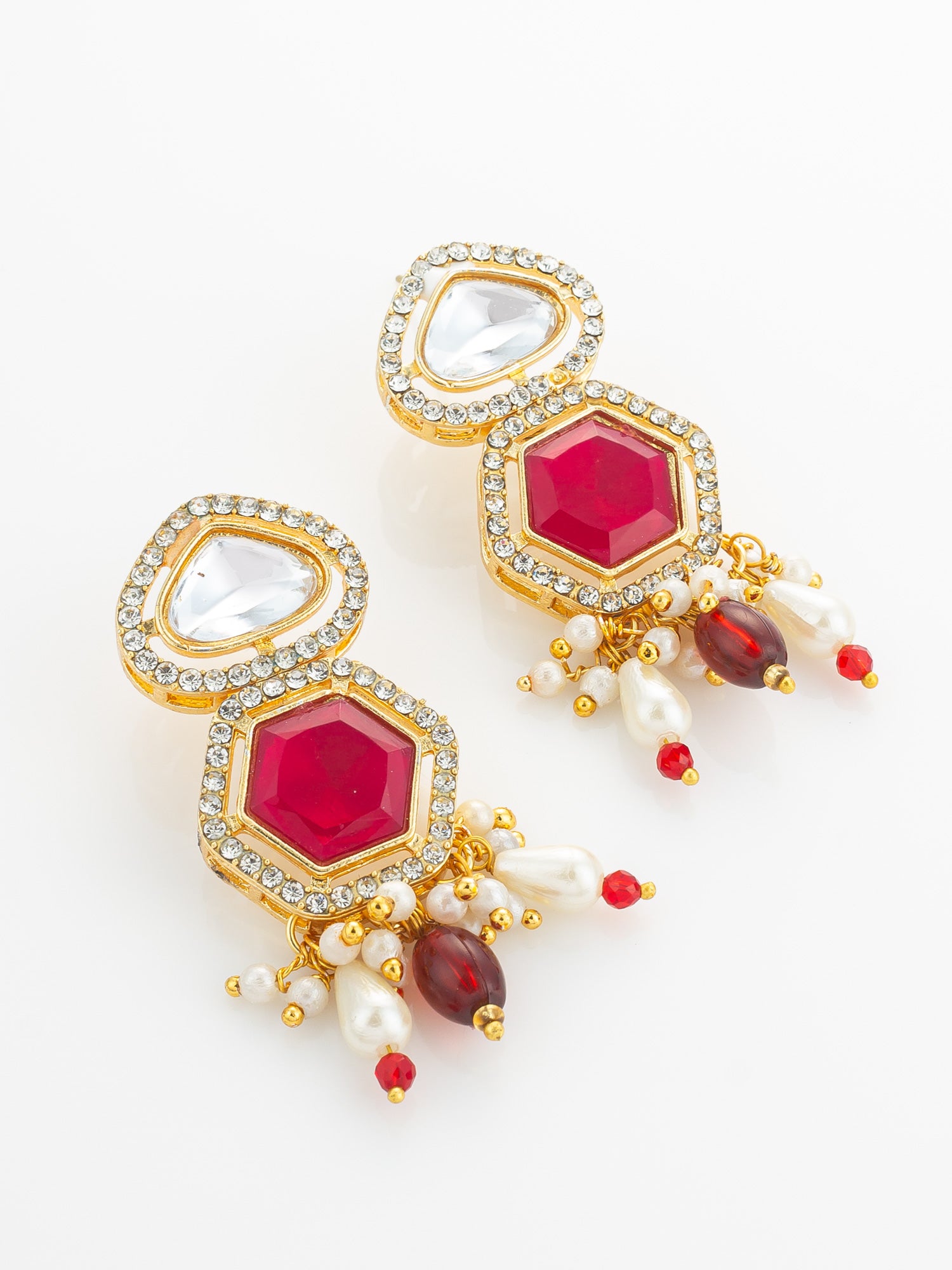Gold Plated Long Pearl & Red Stone Necklace Set – View 2 | Aadita Jewelry