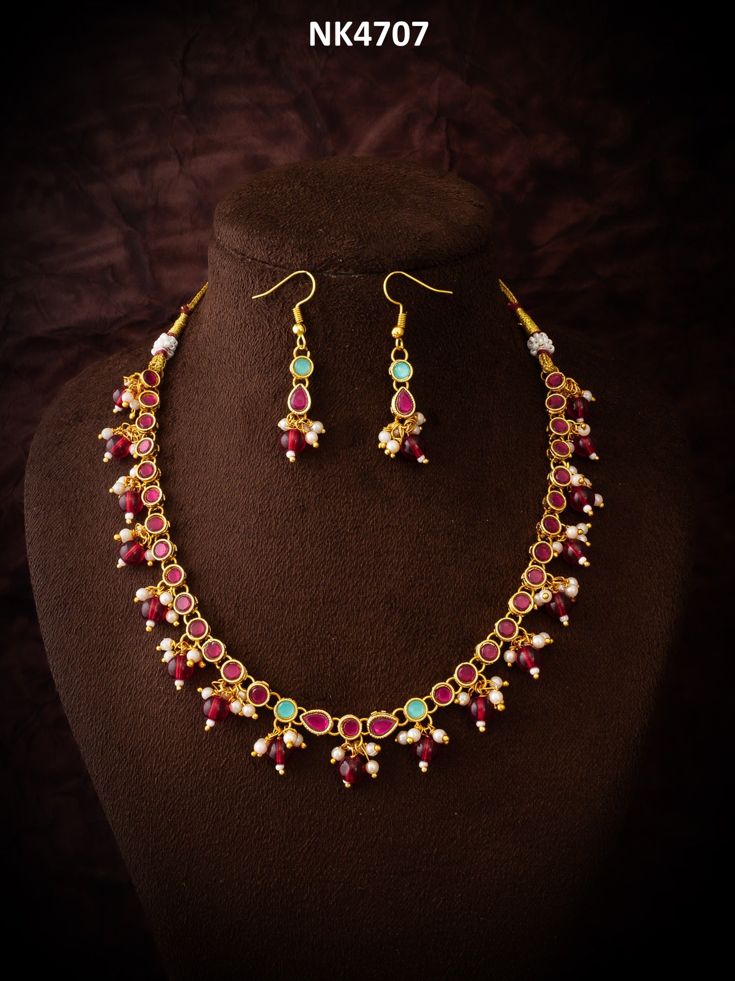 Gold-Plated Red Beaded Kundan Choker Necklace Set for Women & Girls – View 5 | Aadita Jewelry