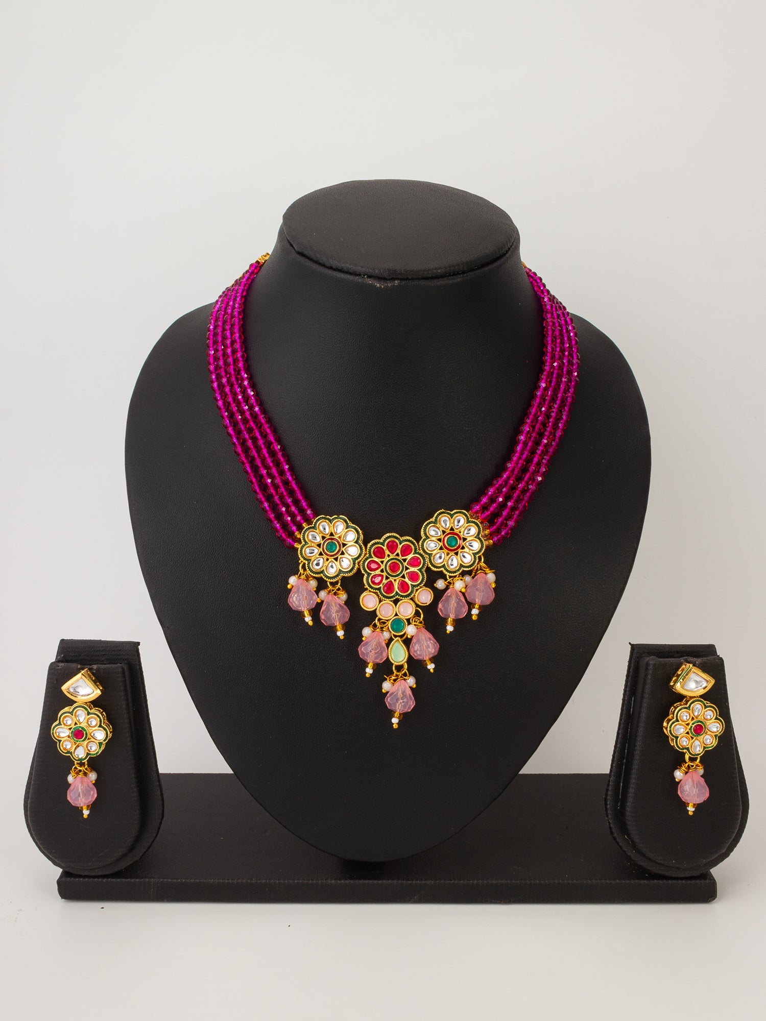 Magenta Bead Choker with Kundan Floral Design and Peach Accents – View 4 | Aadita Jewelry