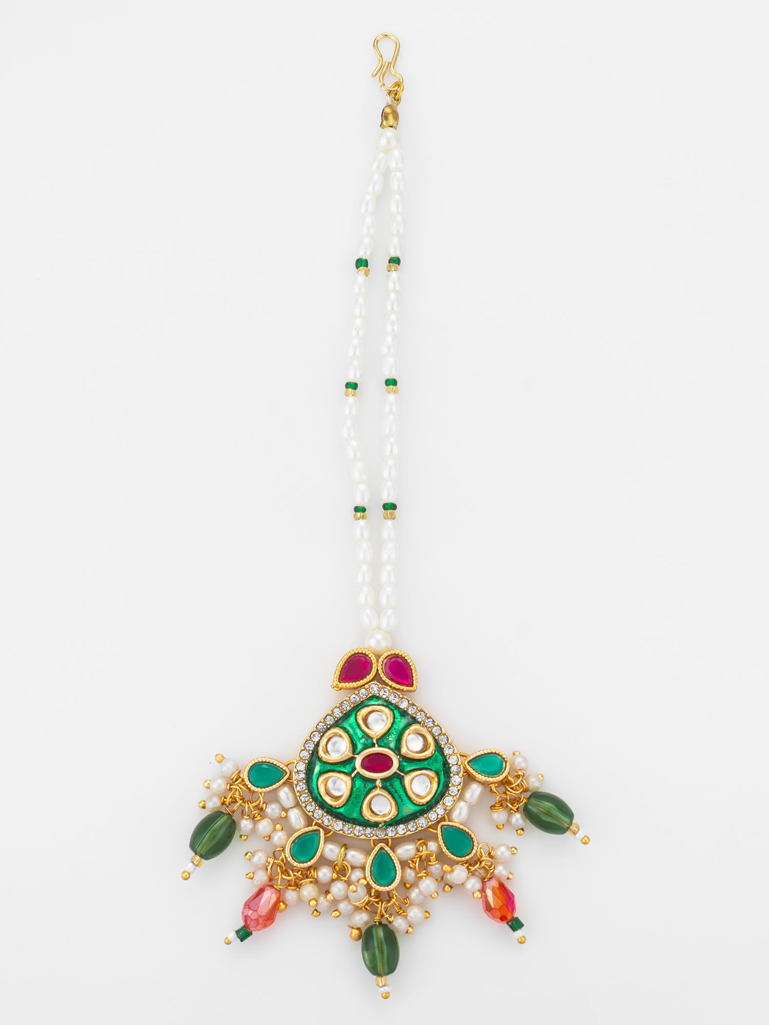 Aadita Gold Plated Kundan Mangtika with Green Meenakari Pendant and Pearl Bead Chain | Aadita Jewelry