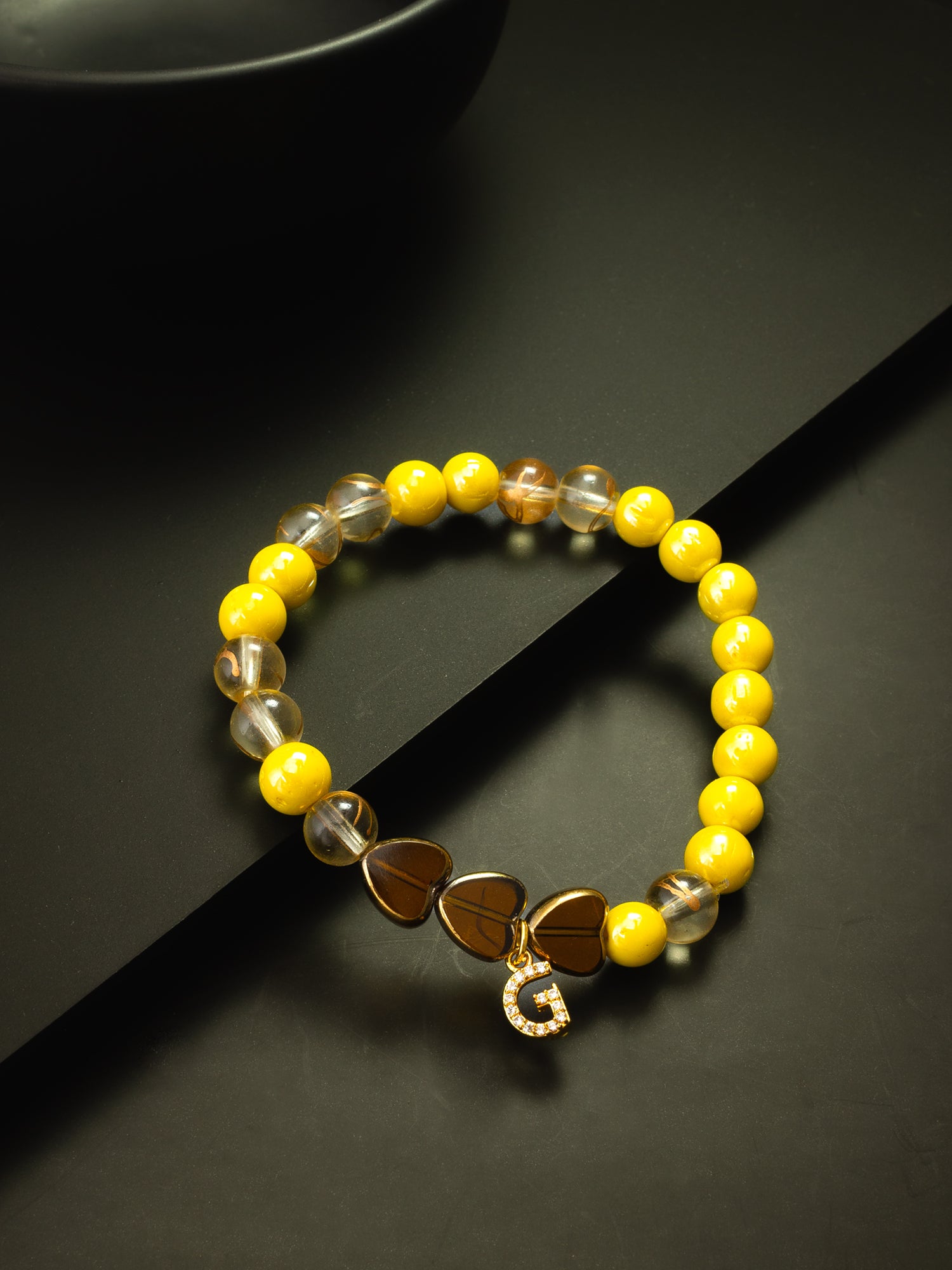 Yellow Beaded Bracelet with Letter Charm – View 3 | Aadita Jewelry