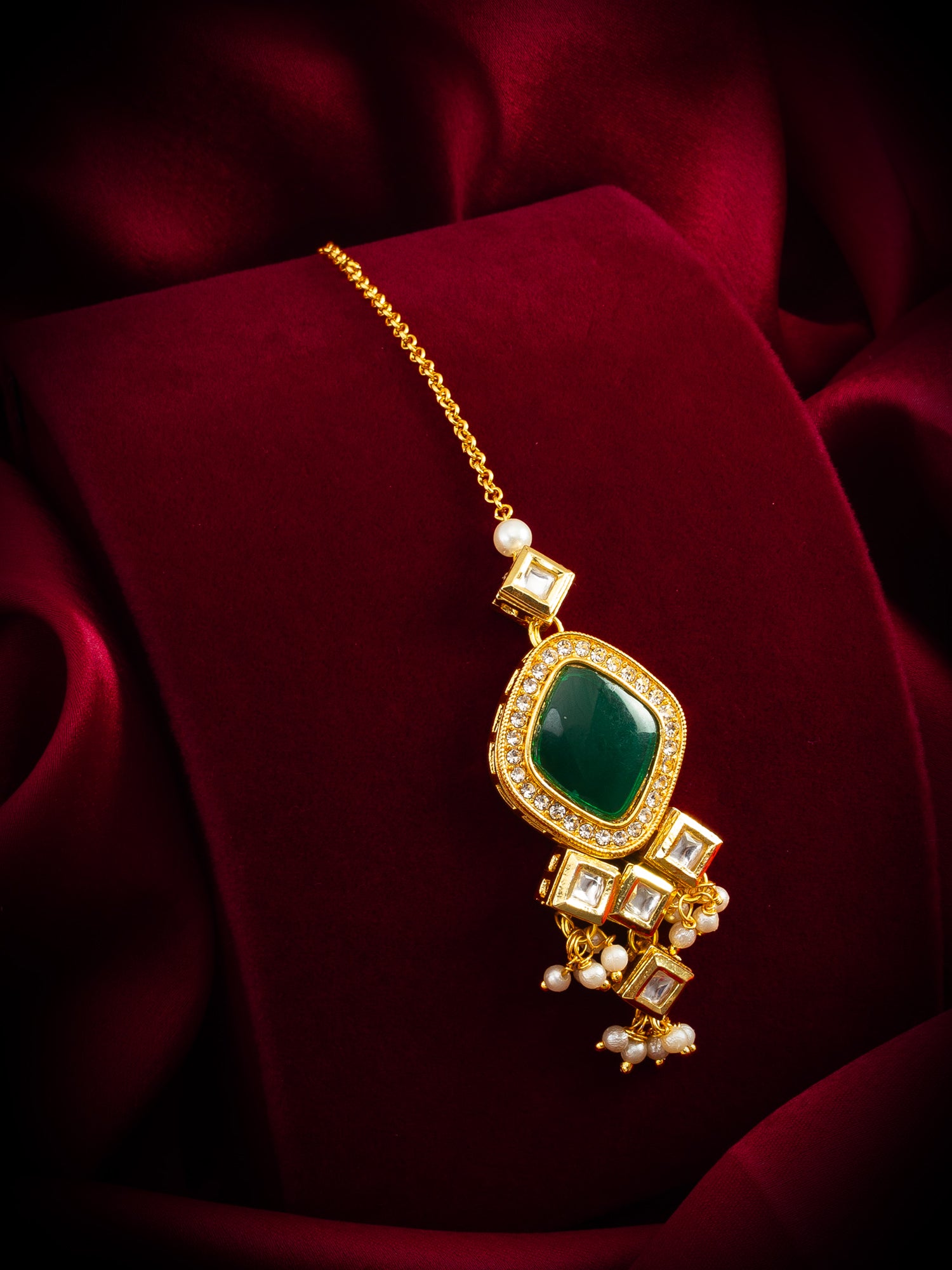 Gold-Plated Emerald Green Kundan Maang Tikka with Crystal and Pearl Drops – View 5 | Aadita Jewelry