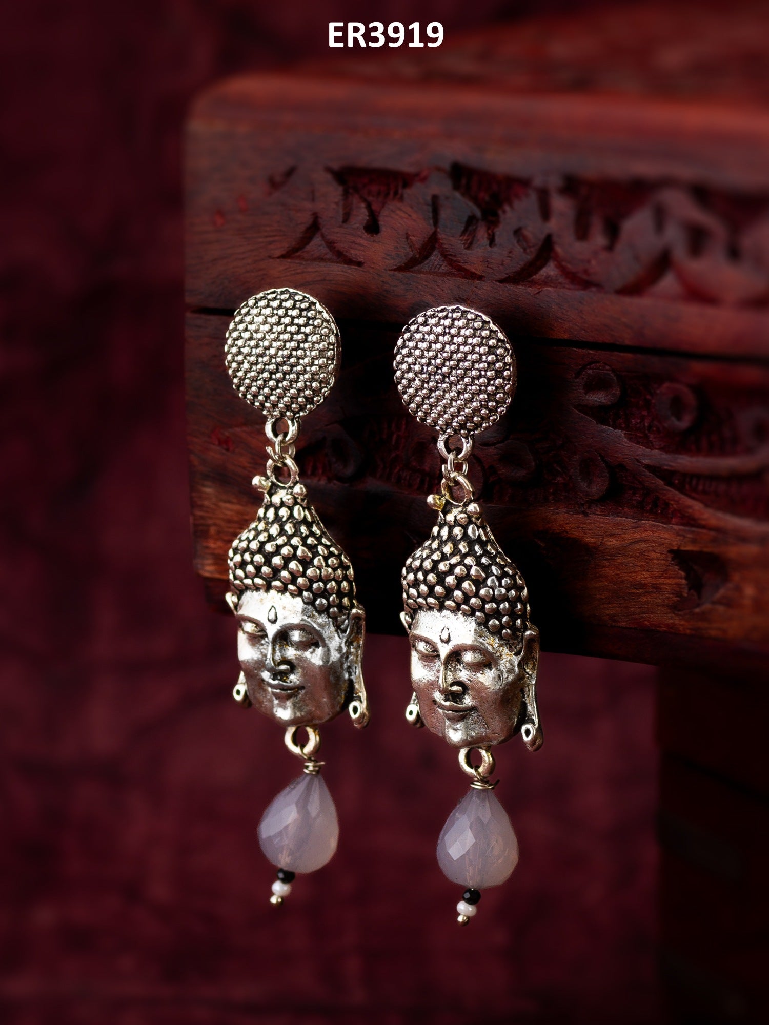 Oxidized Silver Buddha Face Drop Earrings with Grey Stone Pendant – View 5 | Aadita Jewelry