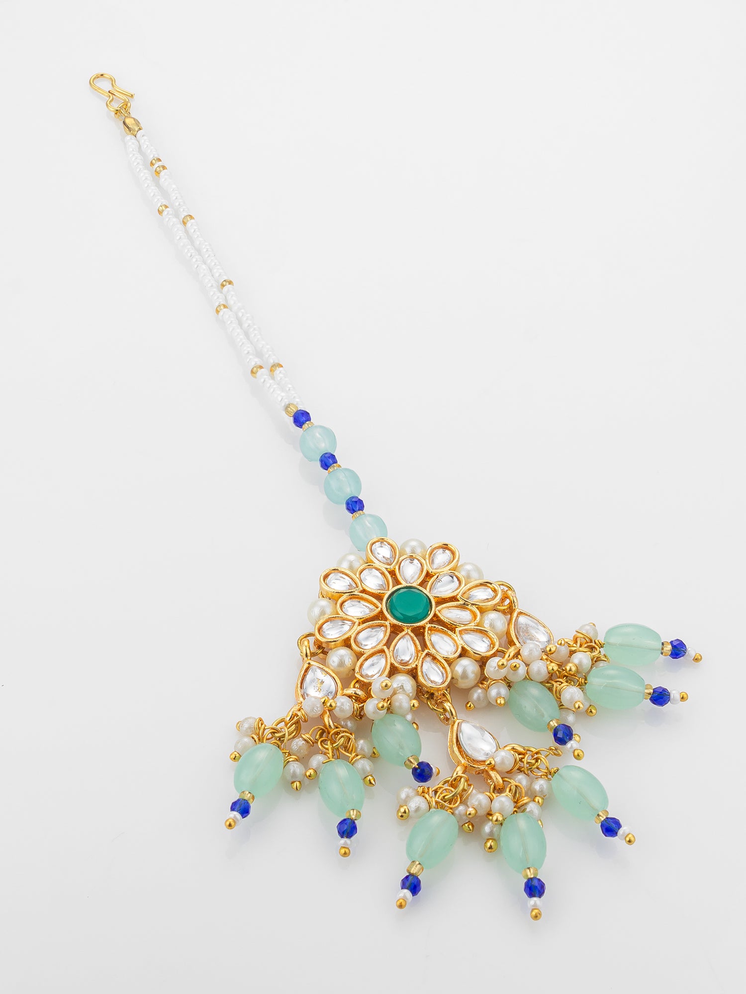 Aadita Gold Plated Kundan Flower Mangtika with Mint Green Bead Drops and Blue Crystal Chain – View 2 | Aadita Jewelry