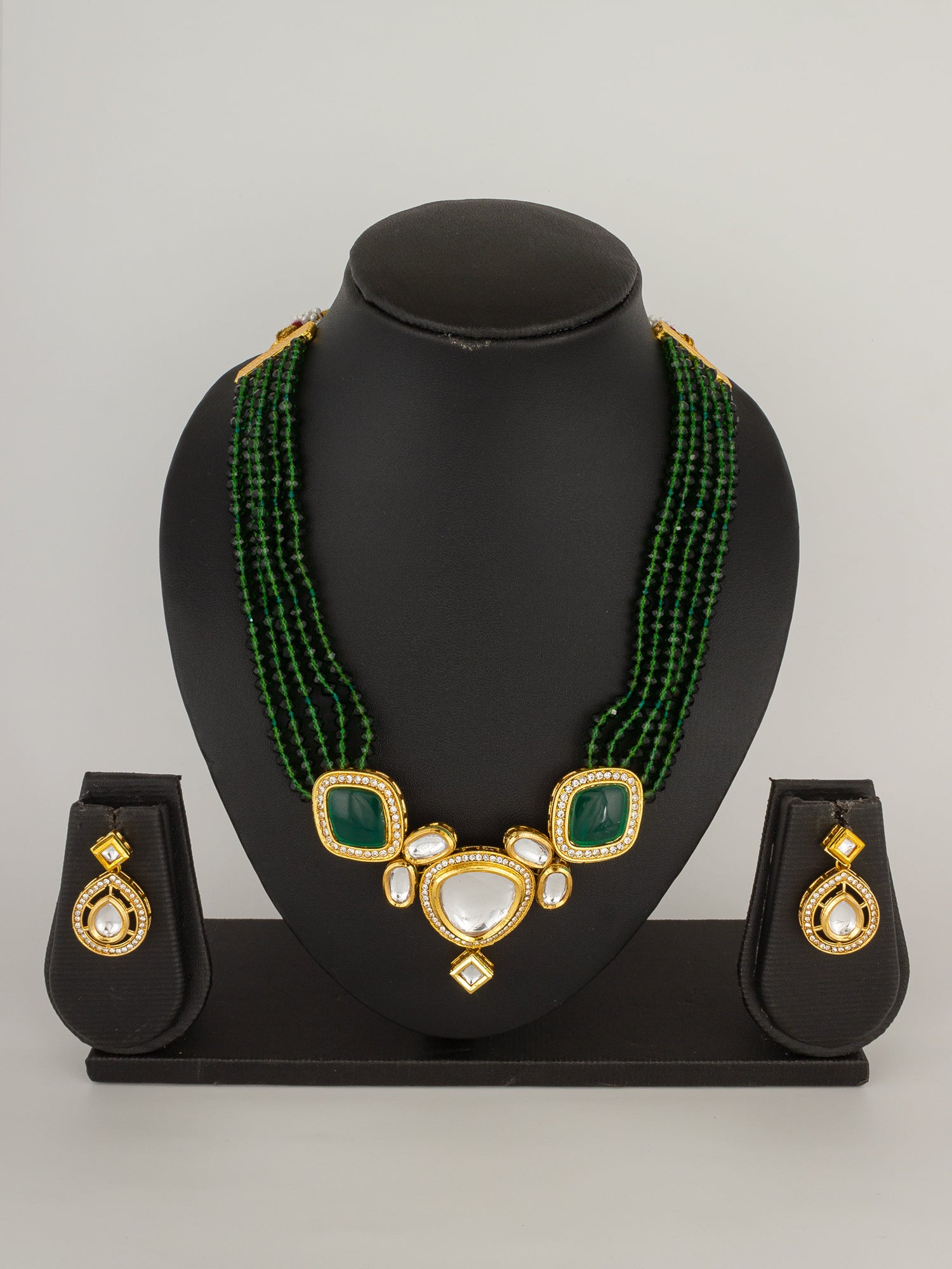 Green Beaded Kundan Traditional Necklace Set – View 4 | Aadita Jewelry