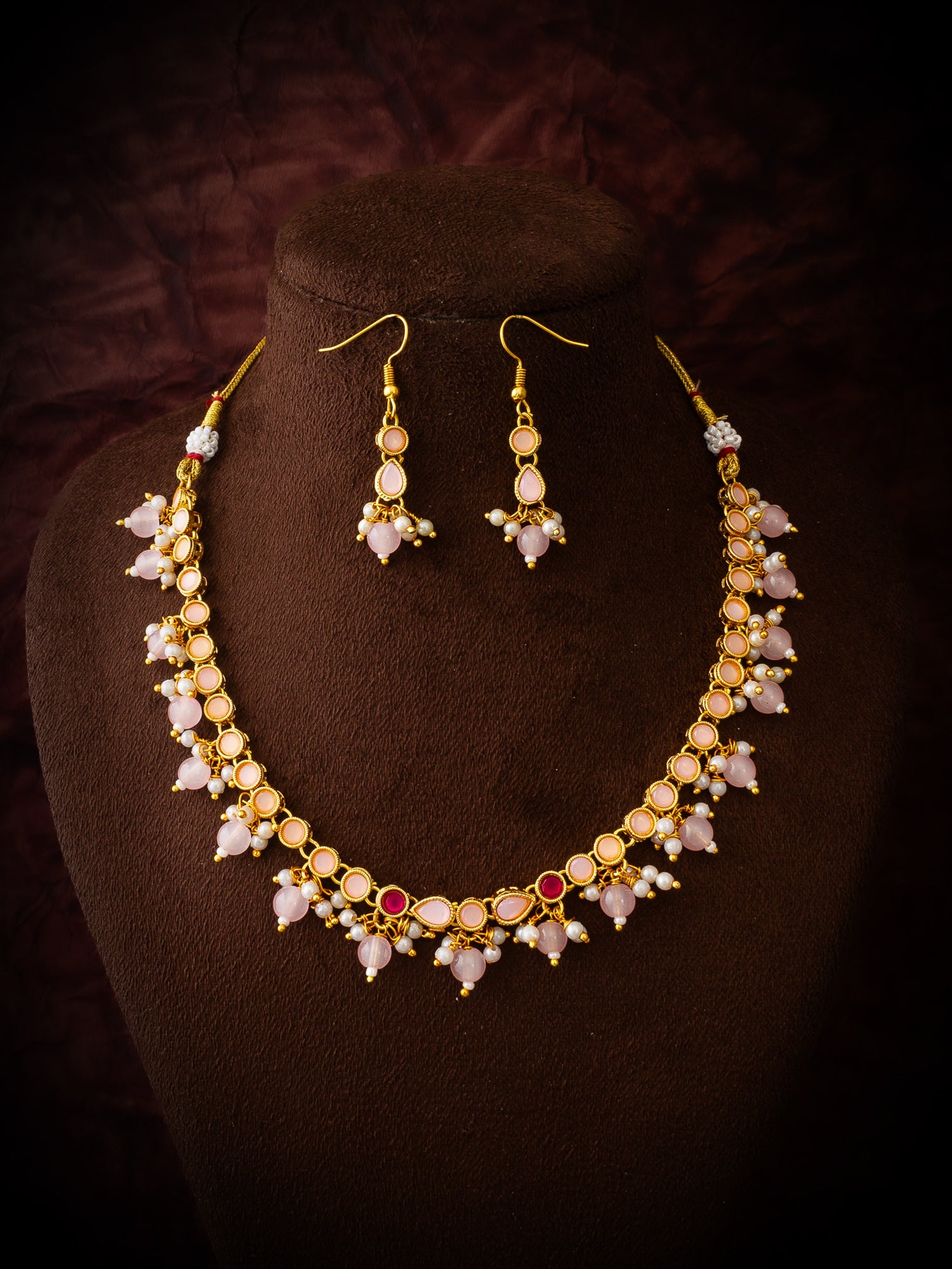 Gold Plated Peach Stone Choker Necklace Set with Earrings – View 4 | Aadita Jewelry