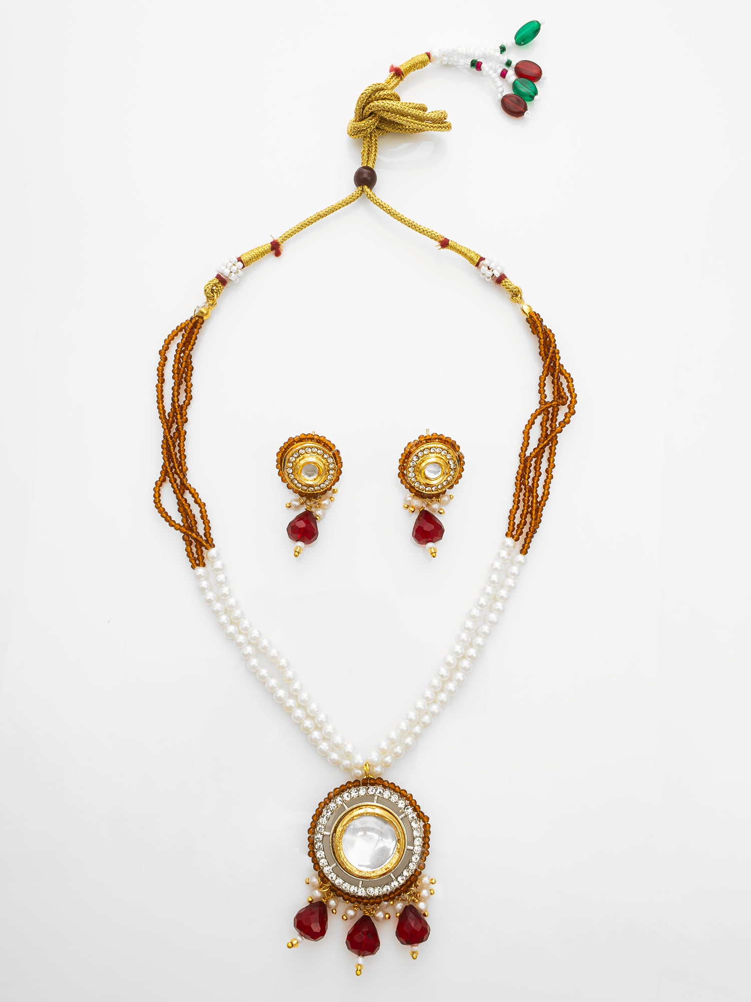 Gold-Plated Amber Beaded Kundan Necklace Set with Earrings | Aadita Jewelry