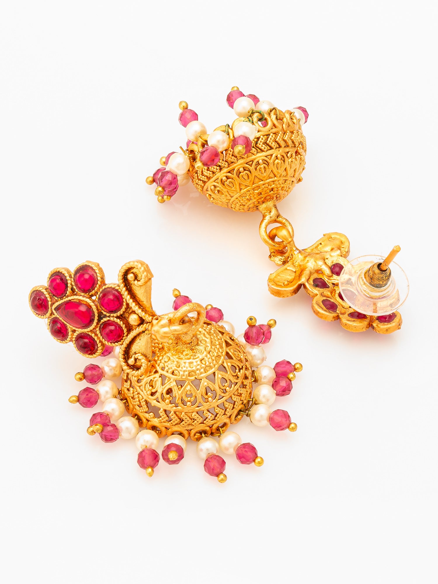 Aadita Classic Gold Plated Pink Stone Mini Jhumka Earrings – View 3 | Aadita Jewelry