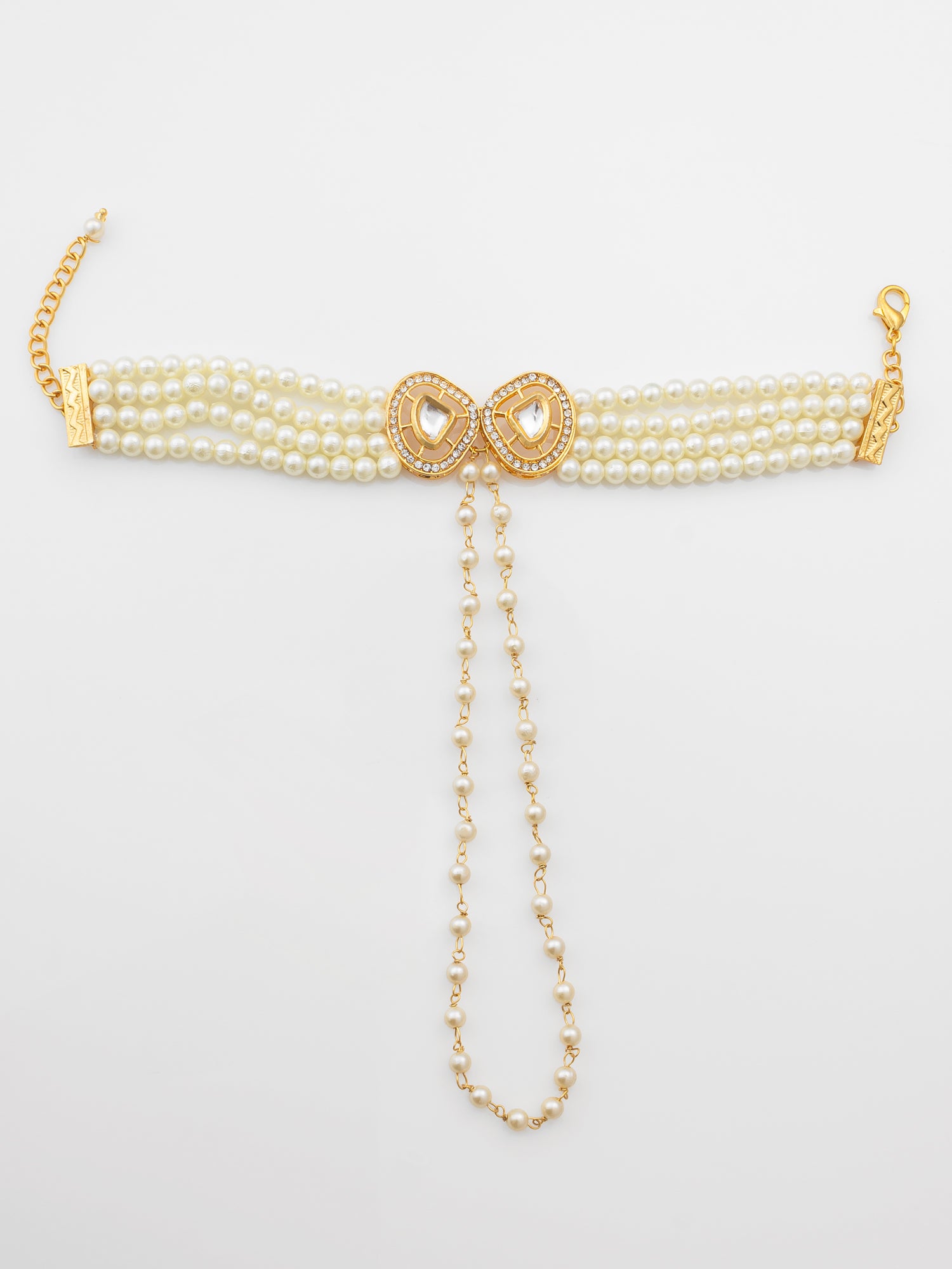 Gold Plated Kundan & Pearl Haathphool Bracelet "“ Dual Teardrop Hand Harness Jewelry for Women & Brides | Aadita Jewelry