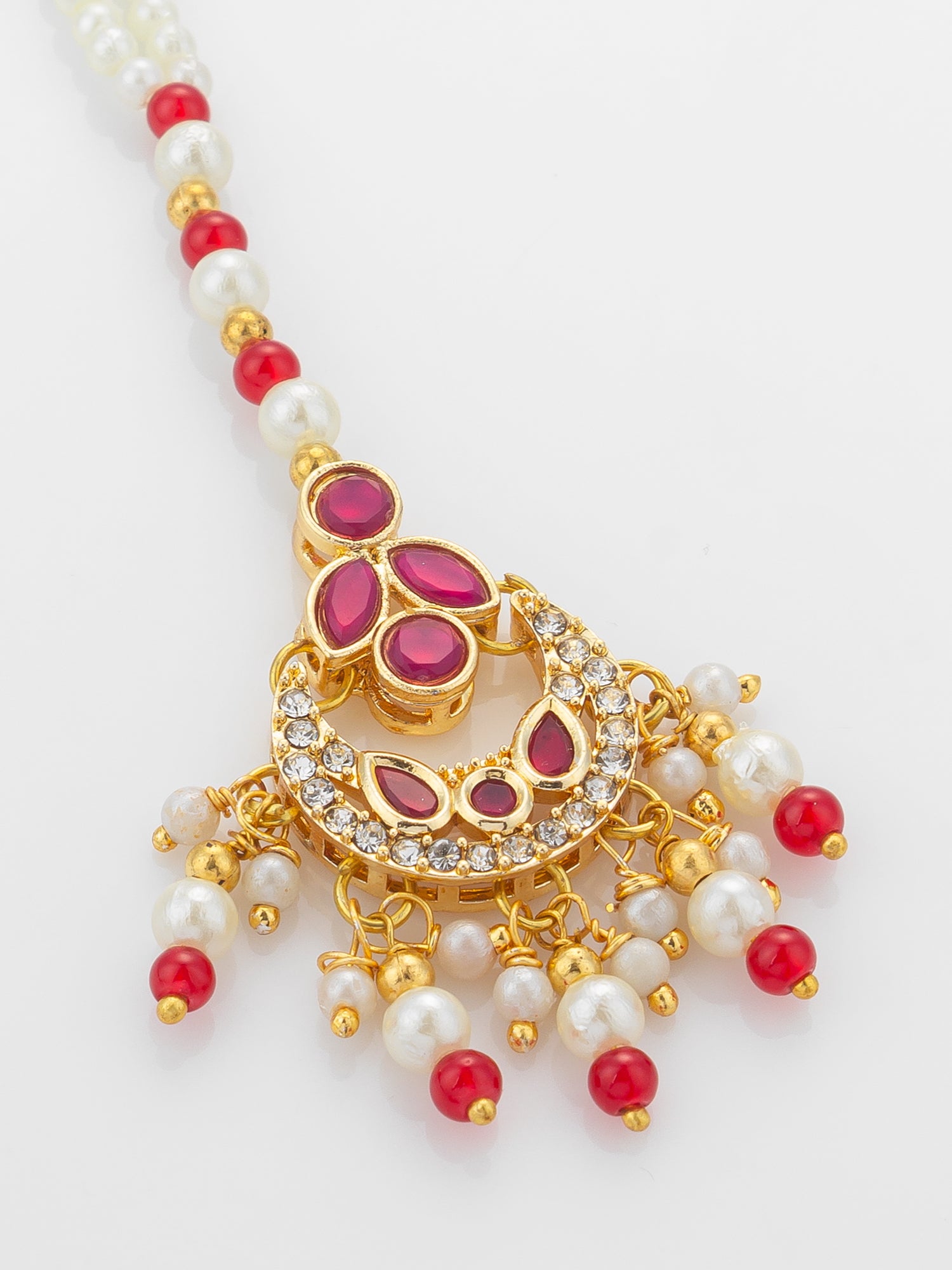 Aadita Gold Plated Ruby Stone Flower Pendant Mangtika with Pearl and Red Bead Chain – View 3 | Aadita Jewelry