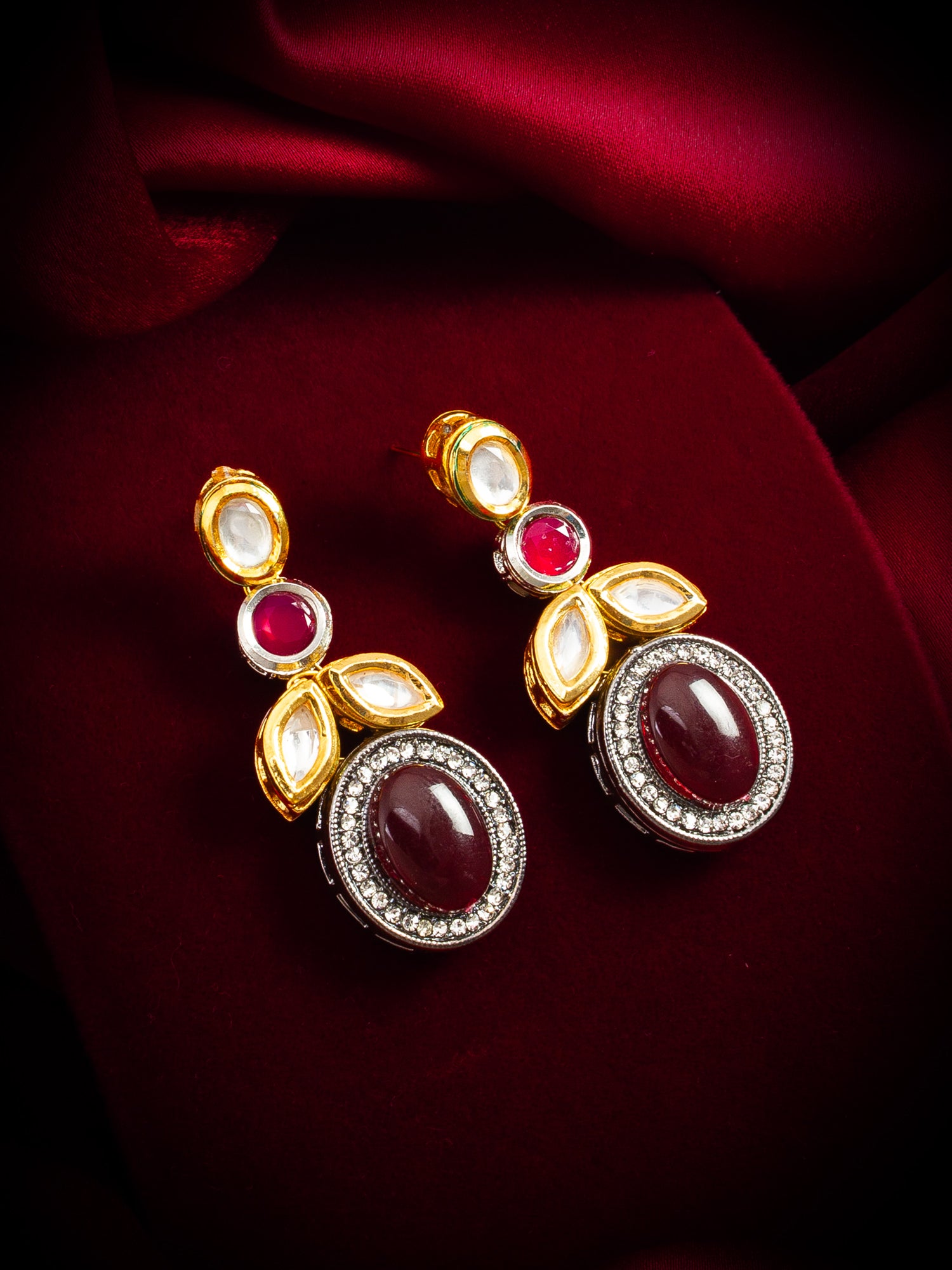 Dual-Tone Cabochon Drop Earrings with Oxidized Silver Finish – View 4 | Aadita Jewelry